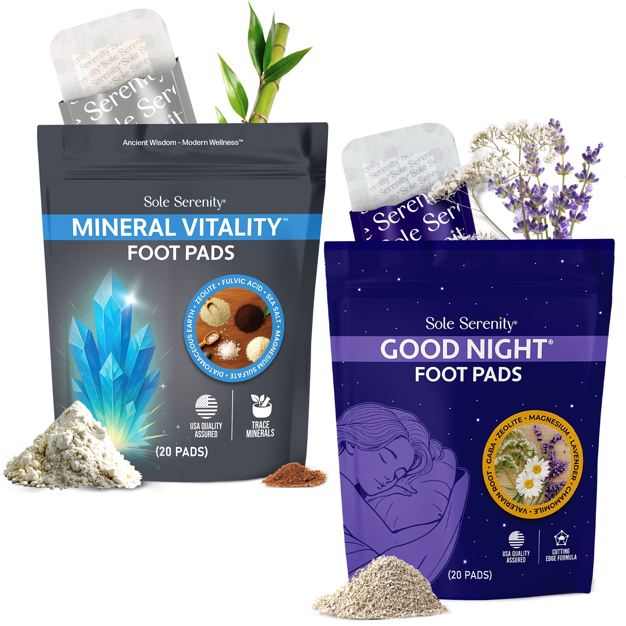 Lure Essentials Vital Minerals and Good Night Sleep Foot Pads in a 2-pack bundle, showing mineral-infused foot pads on a person's feet.