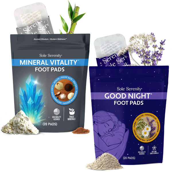 Lure Essentials Vital Minerals and Good Night Sleep Foot Pads in a 2-pack bundle, showing mineral-infused foot pads on a person's feet.