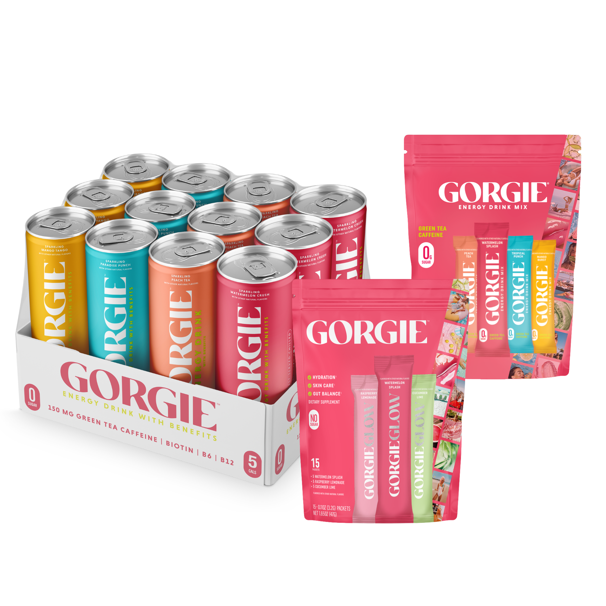 GORGIE energy drinks bundle featuring Energy Mix, Glow, and bestsellers in ready-to-drink bottles, vibrant colorful packaging.