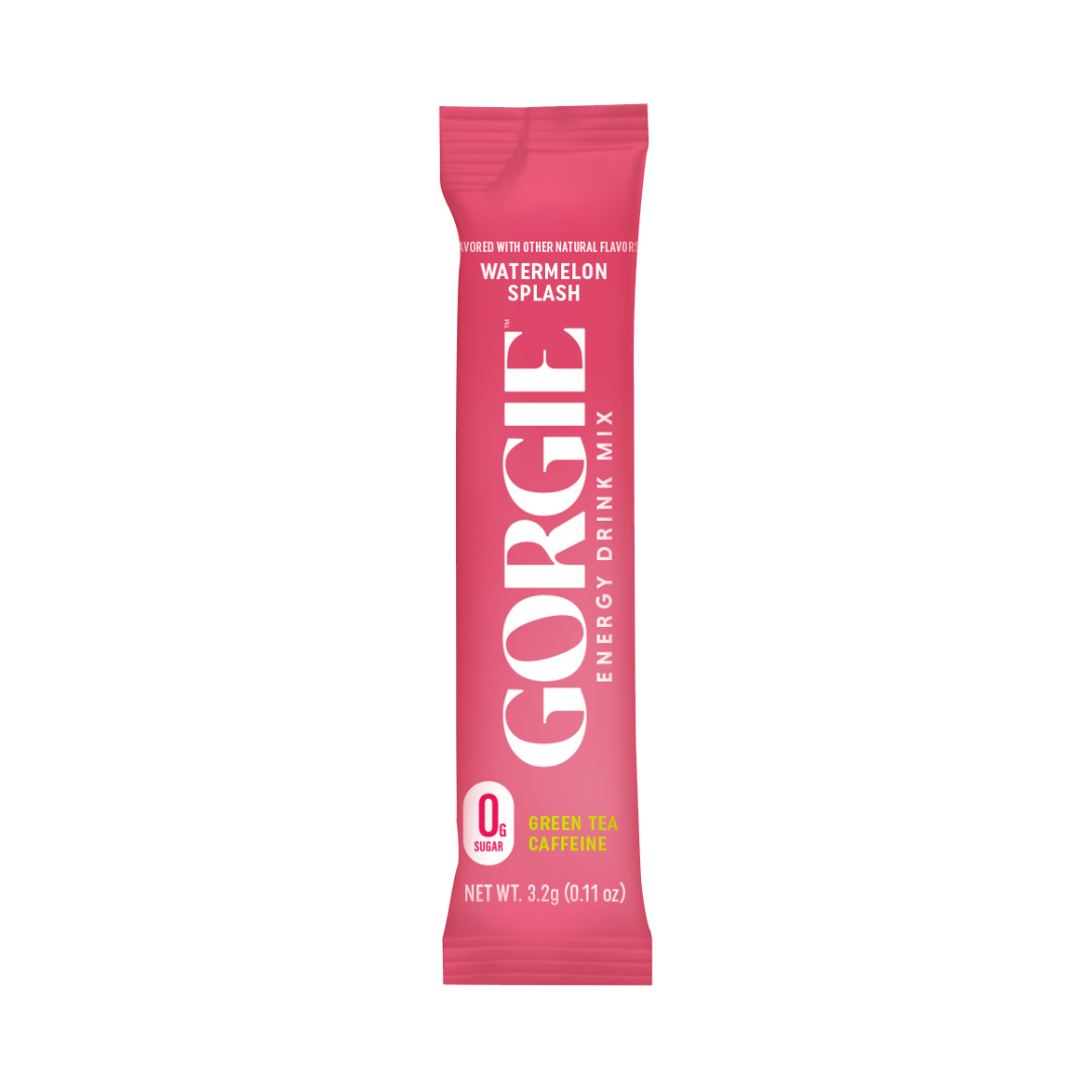 GORGIE Energy Drink Mix Bestsellers Variety Pack with 12 colorful packets of flavored energy drink mixes on a white background.