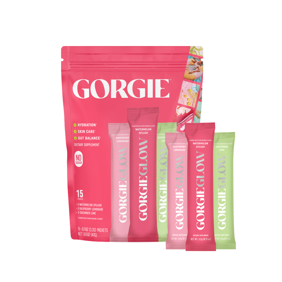 GORGIE Glow Variety Pack sales POS display with 15 GORGIE Glow products in colorful packaging arranged on a table