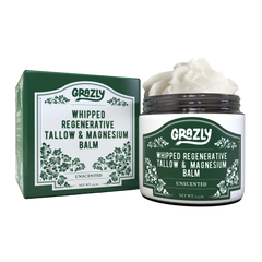 Unscented Grazly Dead Sea Magnesium and Tallow Balm jar showing the creamy balm texture and label with natural ingredients.