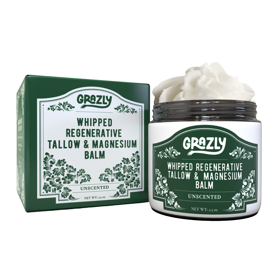 Unscented Grazly Dead Sea Magnesium and Tallow Balm jar showing the creamy balm texture and label with natural ingredients.