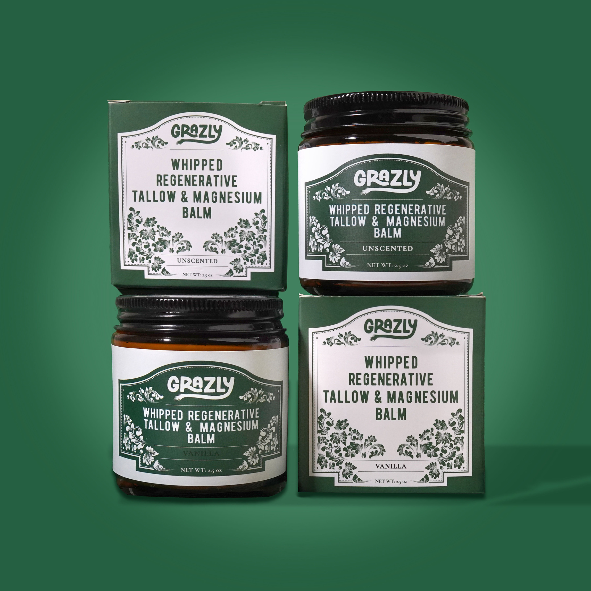 Unlabeled jar of Grazly Dead Sea Magnesium & Tallow Balm with a natural, unscented appearance and simple packaging.
