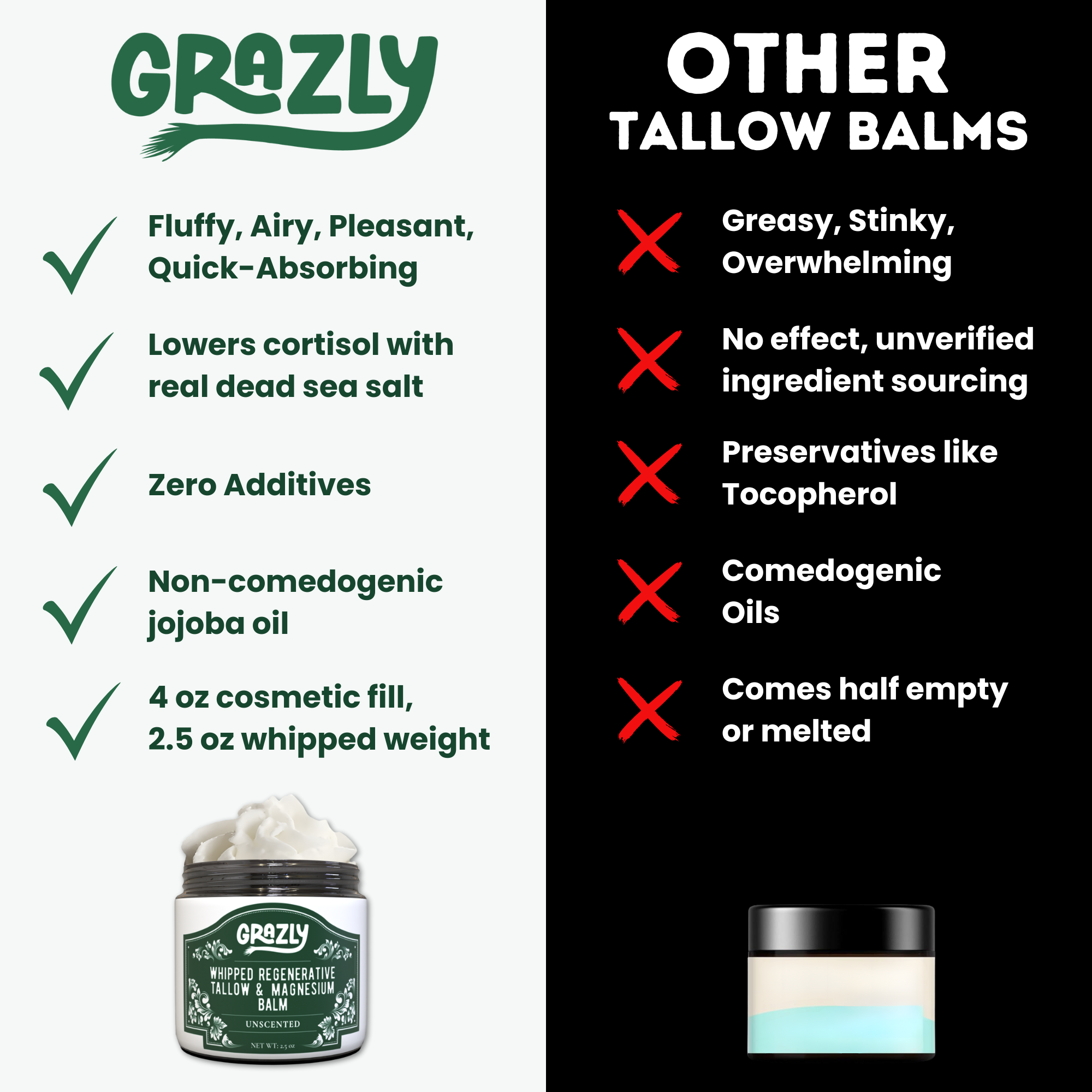 Unlabeled jar of Grazly Dead Sea Magnesium and Tallow Balm with a natural, unscented appearance and creamy texture.