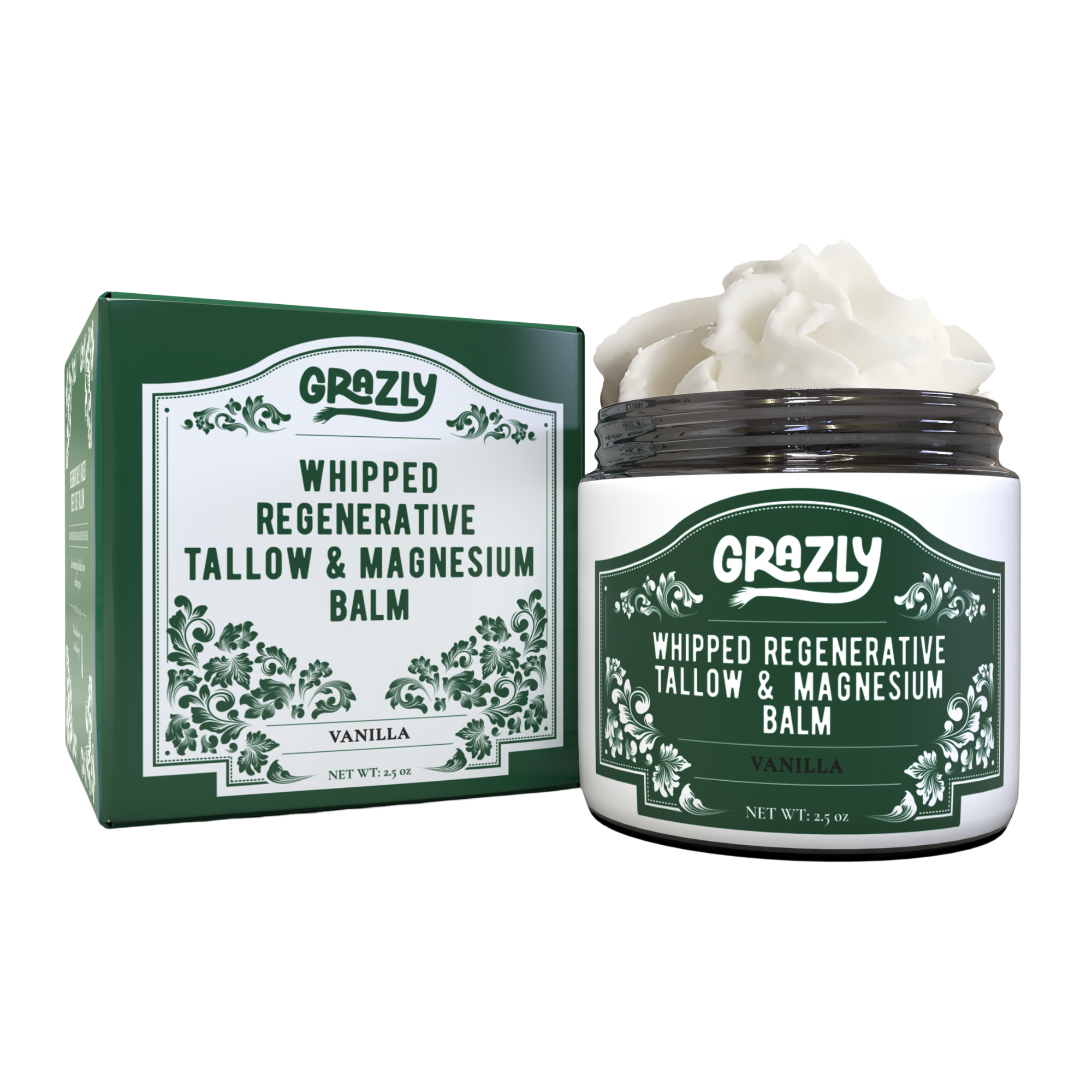Unscented Grazly Dead Sea Magnesium & Tallow Balm in a jar, showing the creamy texture of the skincare product.