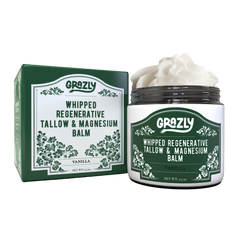 Unscented Grazly Dead Sea Magnesium & Tallow Balm in a jar, showing the creamy texture of the skincare product.