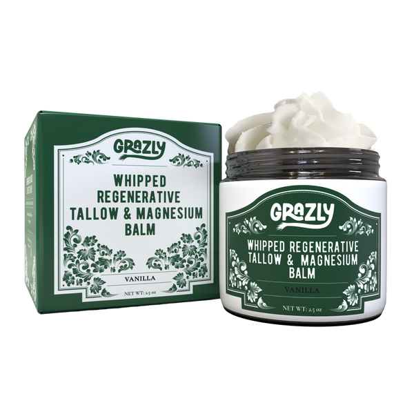 Unscented Grazly Dead Sea Magnesium & Tallow Balm in a jar, showing the creamy texture of the skincare product.