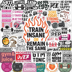 Set of 45 waterproof glossy vinyl fitness and workout stickers from BLAUBECK for water bottles, laptops, and gym decor.