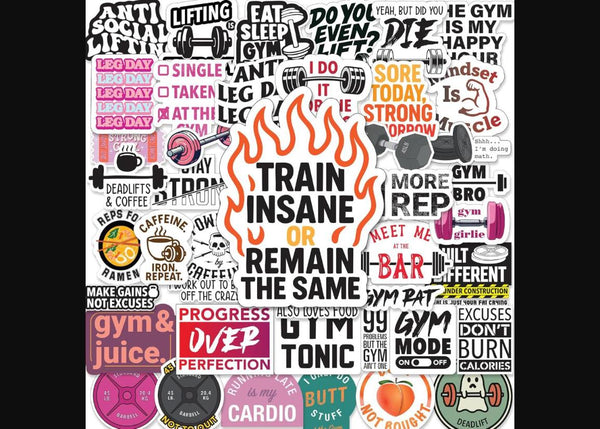 Set of 45 waterproof glossy vinyl gym stickers by BLAUBECK featuring workout, fitness planner, and motivational designs for water bottles and laptops.
