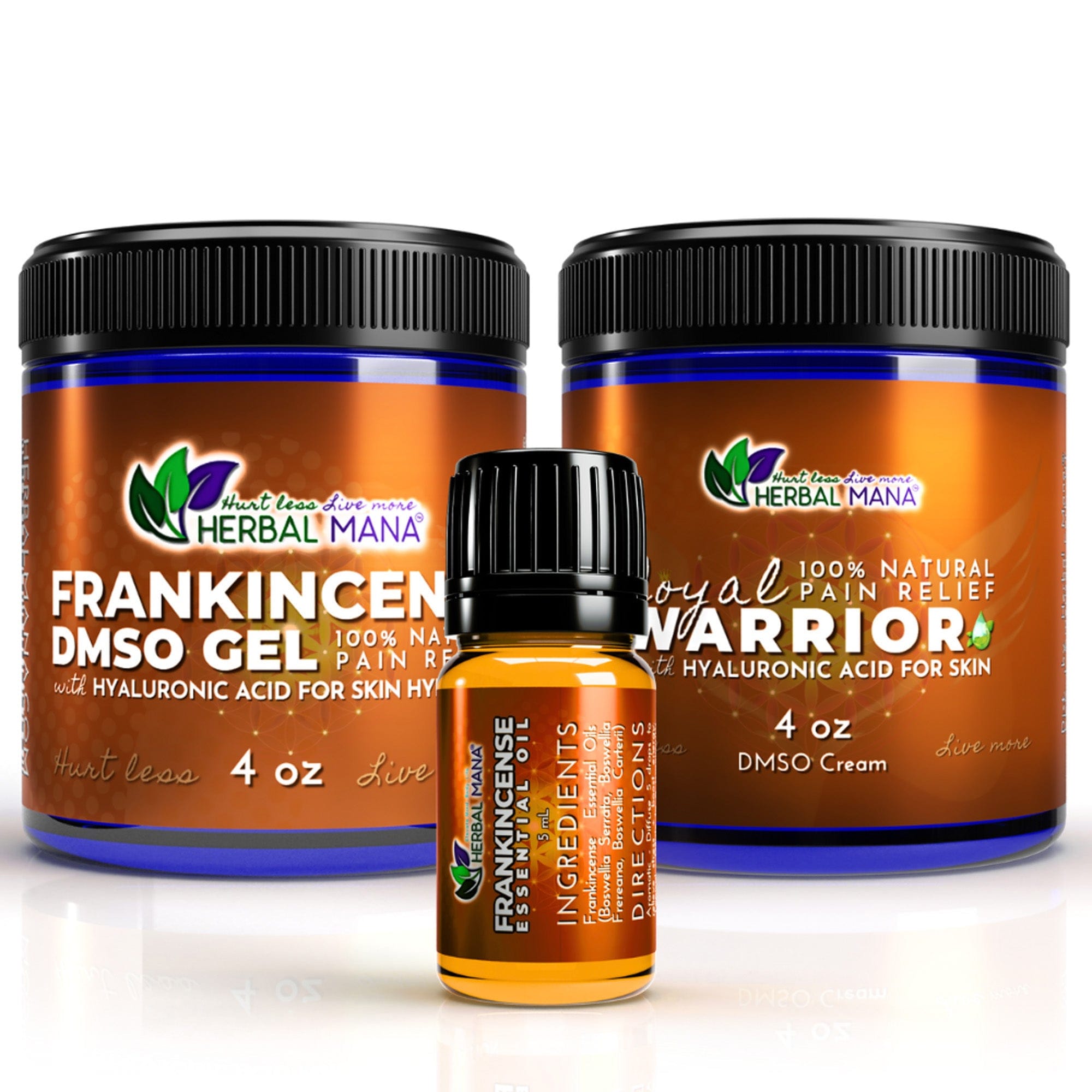 Herbal Mana Frankincense Wellness Bundle includes DMSO gel, Royal Warrior cream, and essential oil for holistic health.