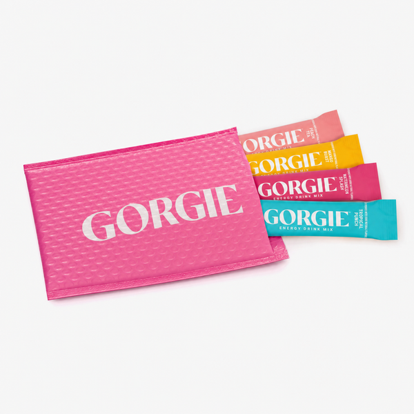 GORGIE Energy Drink Mix Bestsellers Variety Pack with colorful pouches and flavor labels, showcasing a selection of energy drink mixes.