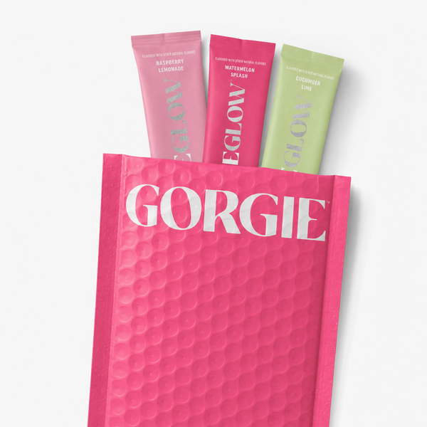 GORGIE Glow Variety Pack sales POS display with colorful packaging and product branding for GORGIE glow products.