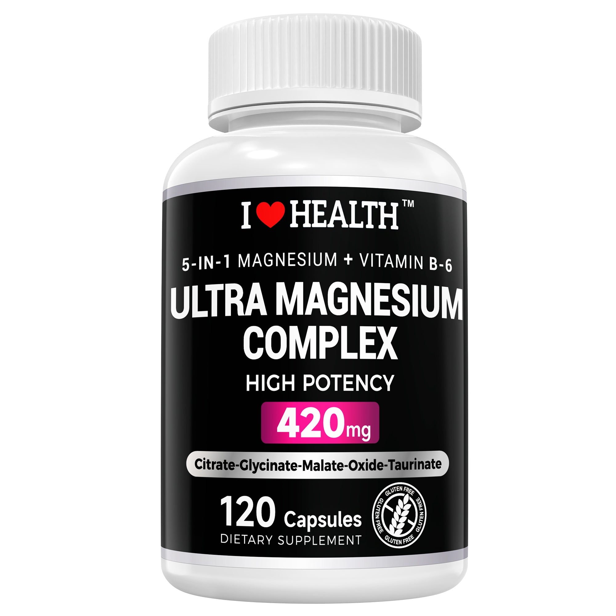 I Love Health Store 5-in-1 Magnesium Complex with Vitamin B6 capsules, high absorption formula for sleep, nerves, muscles, and bones.