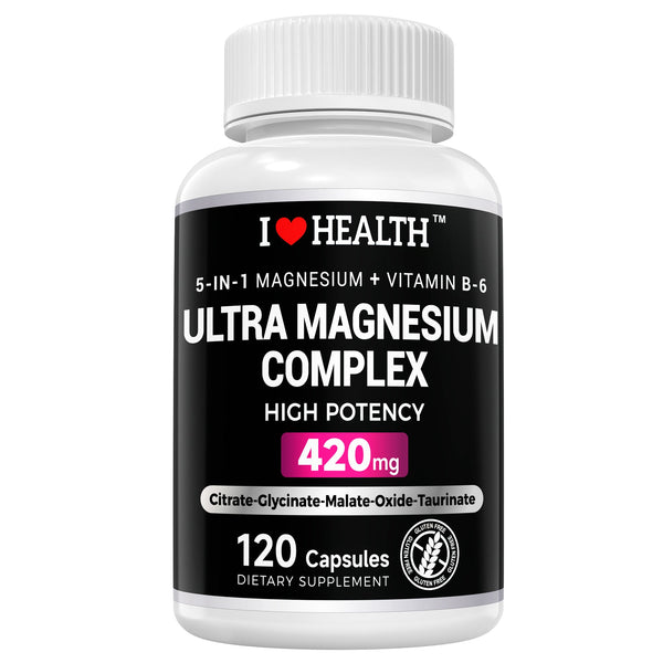 I Love Health Store 5-in-1 Magnesium Complex with Vitamin B6 capsules, high absorption formula for sleep, nerves, muscles, and bones.