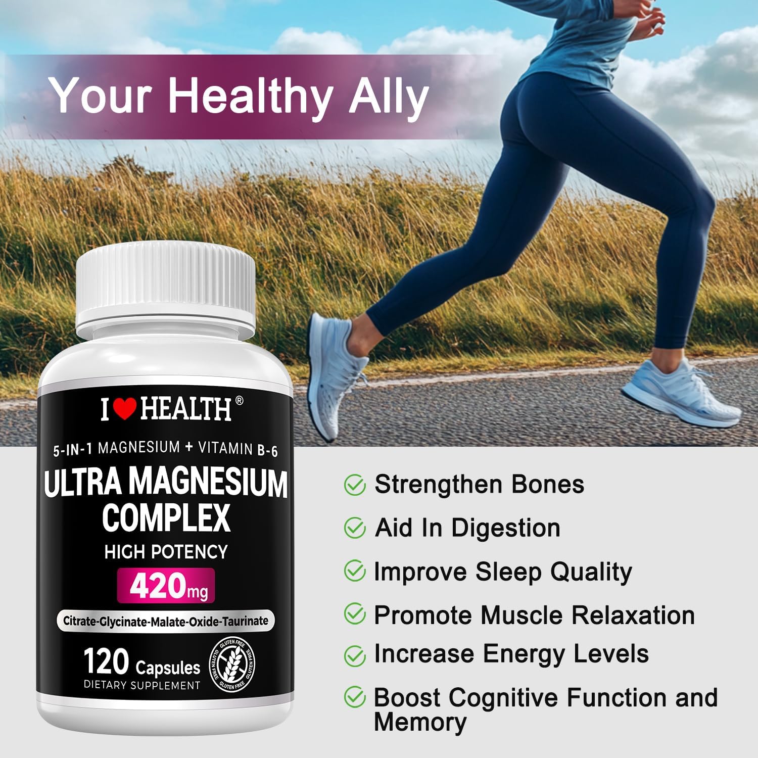 I Love Health Store 5-in-1 Magnesium Complex with Vitamin B6 capsules, high absorption formula for sleep, nerves, muscles, and bones.
