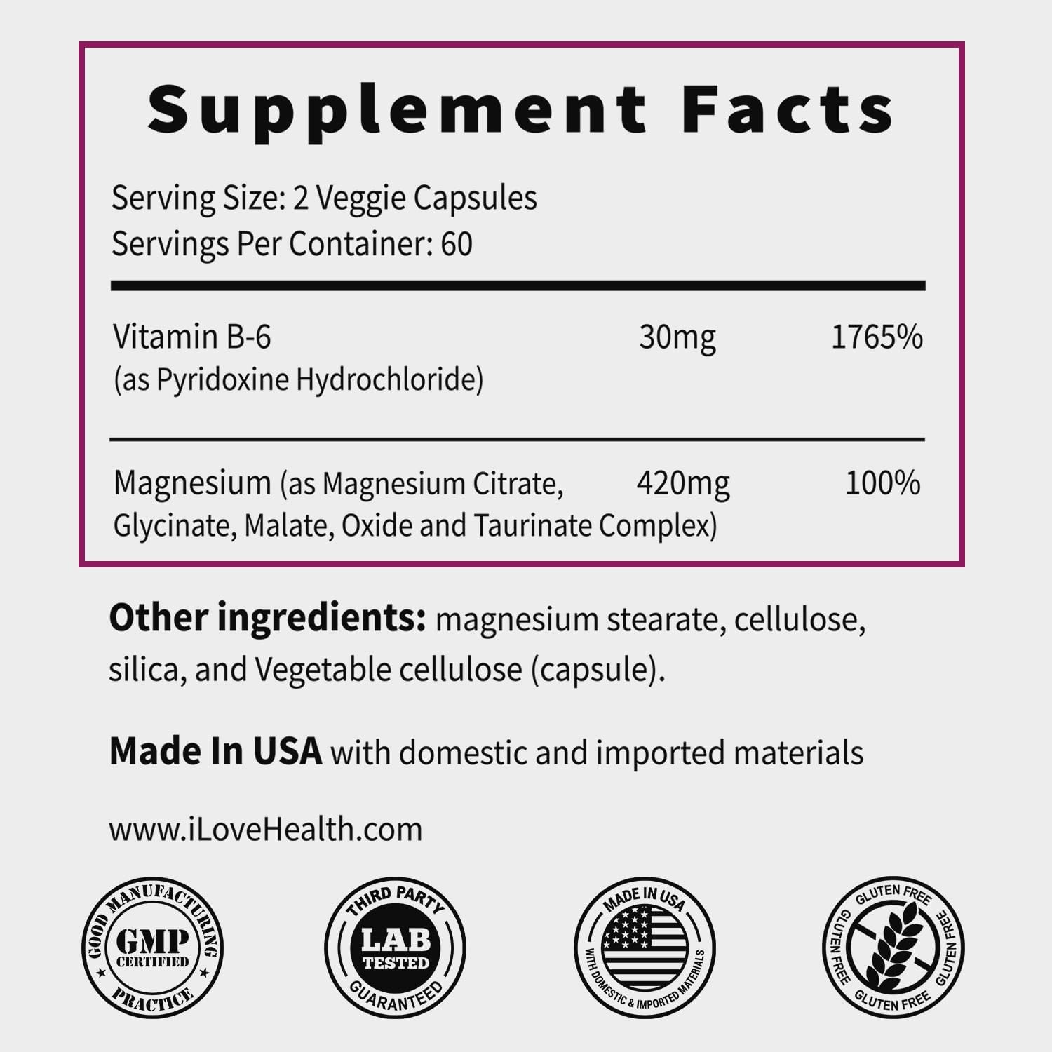 High absorption magnesium complex with vitamin B6 capsules for sleep, nerves, muscles, and bones by I Love Health Store.