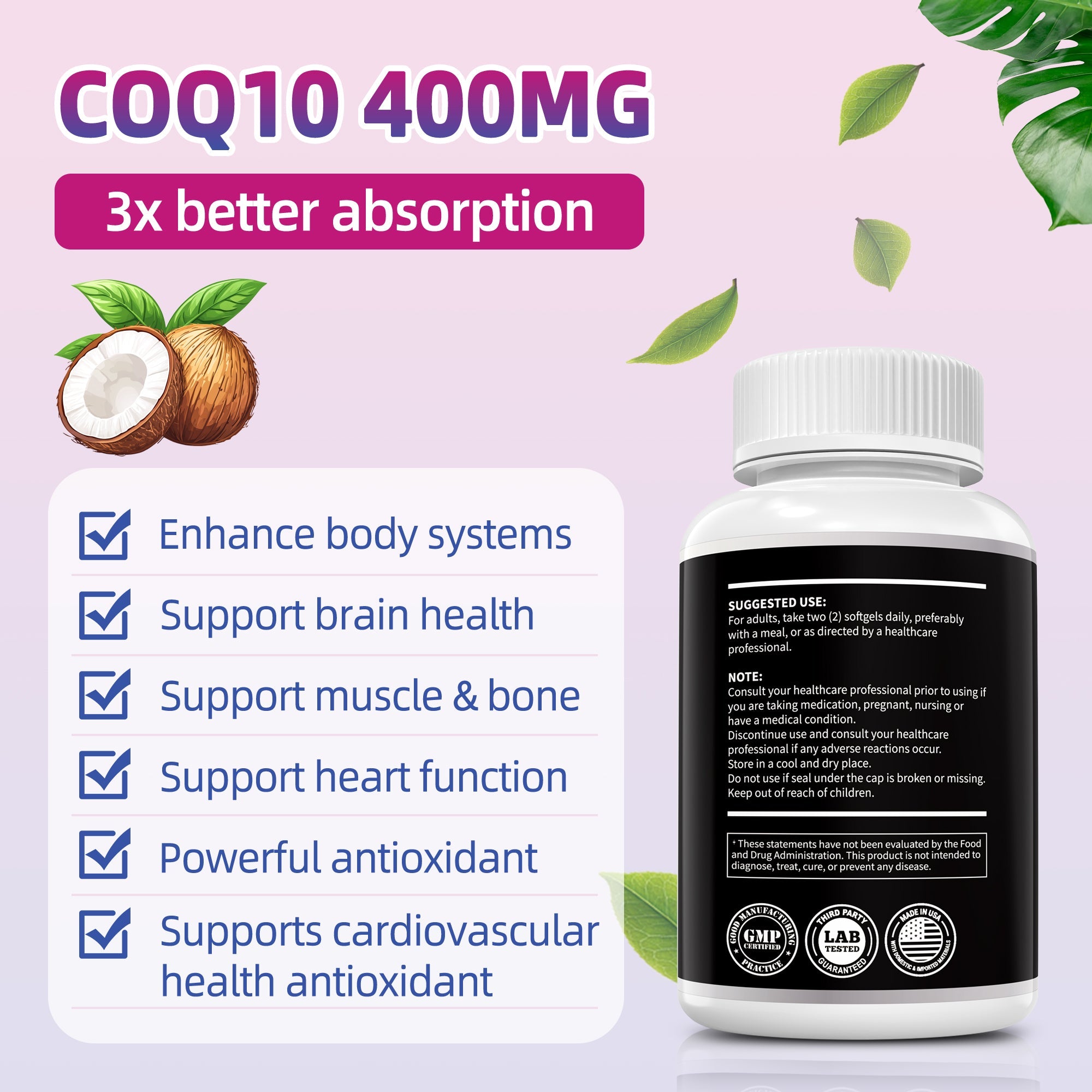 I Love Health CoQ10 softgels, 400 mg per serving, 90-count, supports heart health and cellular energy, soy-based supplement.