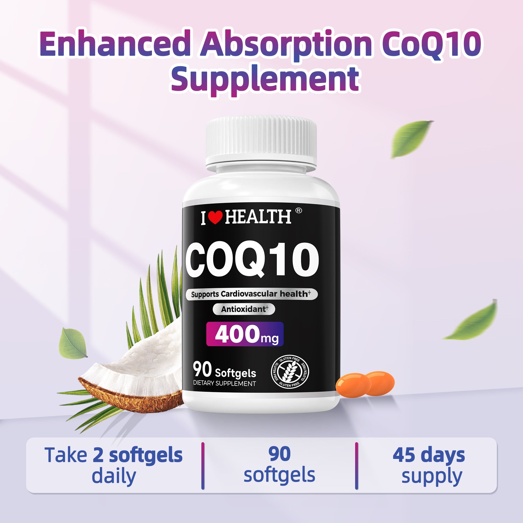 I Love Health CoQ10 softgels 400 mg, 90 count, supporting heart health, energy, and cellular function in soy-based supplement.