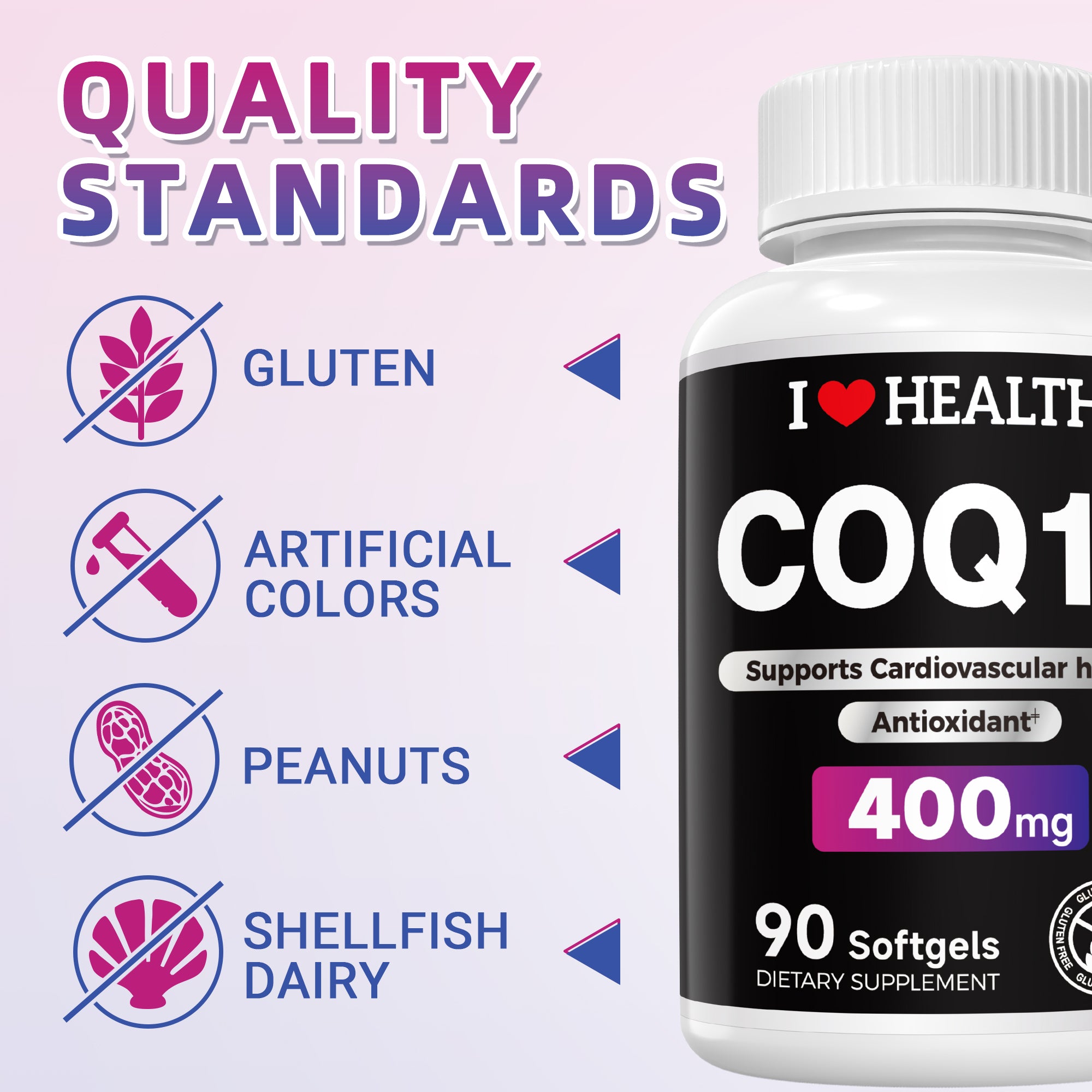 I Love Health CoQ10 400 mg softgels, 90-count, supplement supporting heart health, energy, and cellular function.