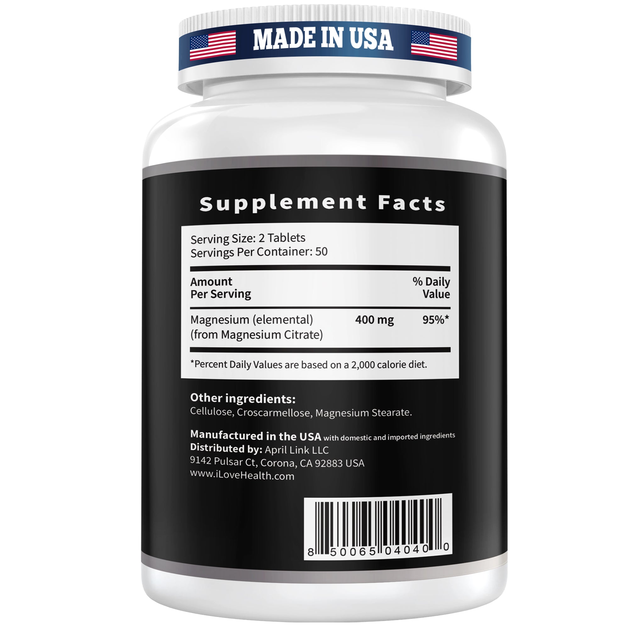 I Love Health Magnesium Citrate 400mg vegetarian tablets for heart health support, shown in a bottle with tablets inside.