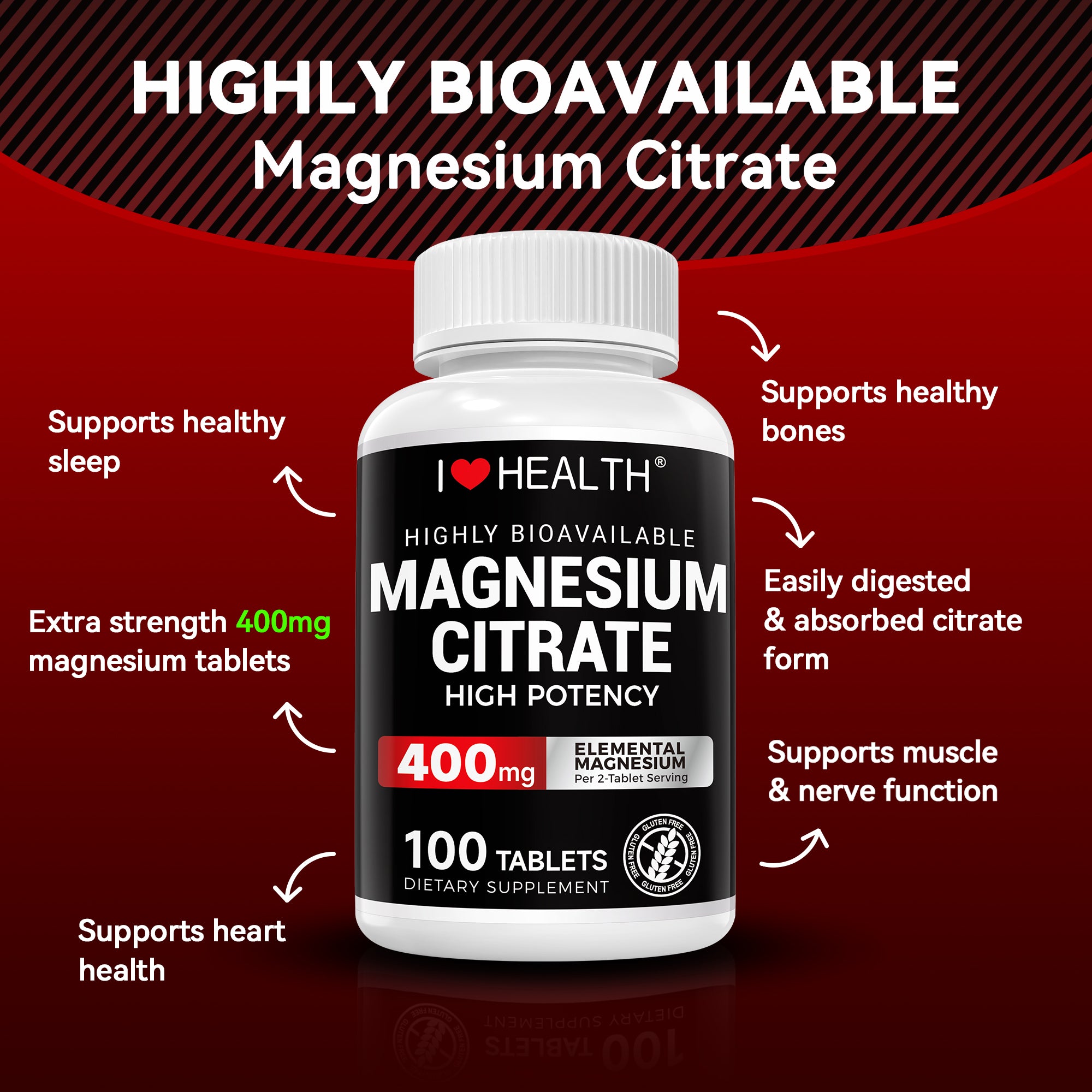 I Love Health Magnesium Citrate 400mg supplement bottle with 100 vegetarian tablets, supporting heart health.
