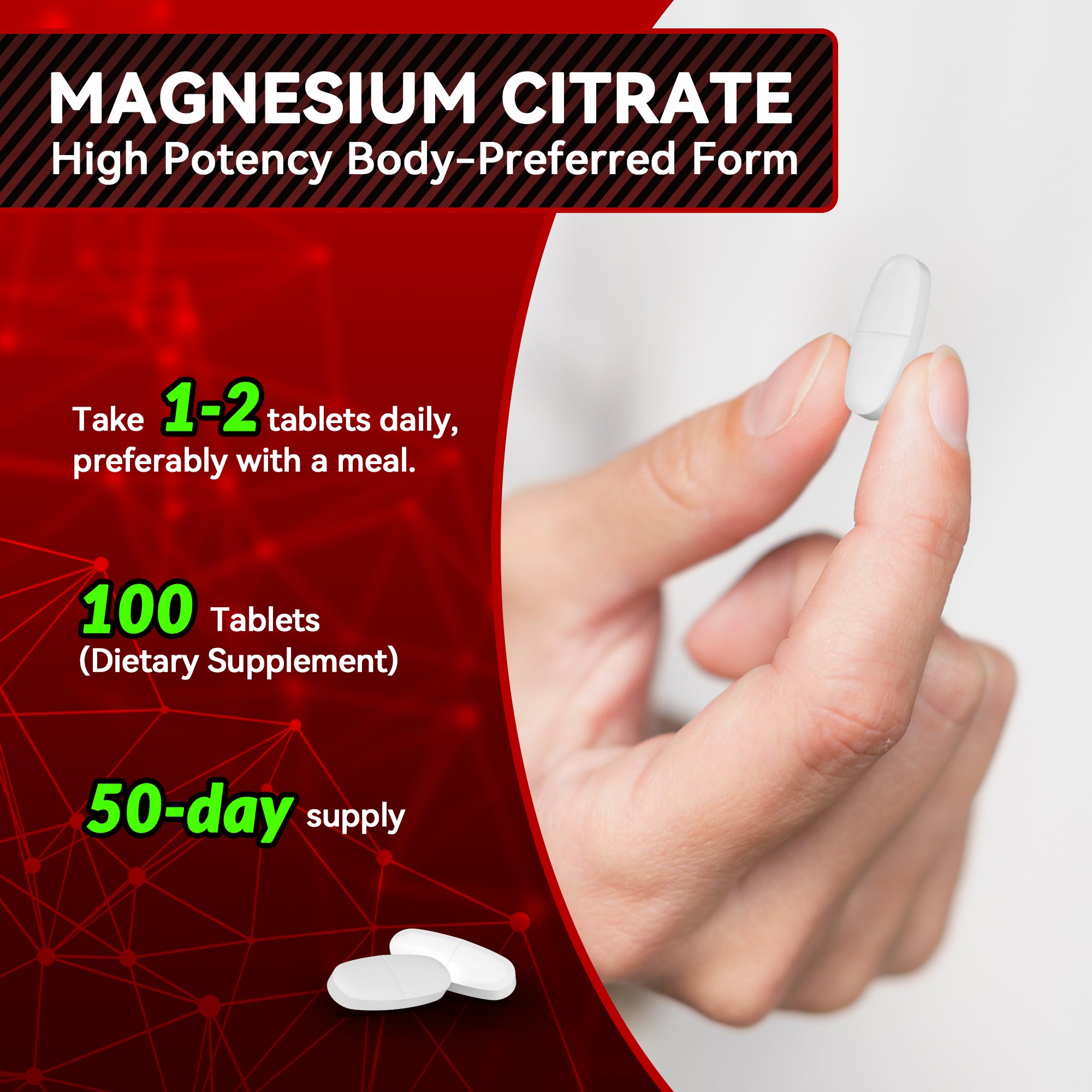 I Love Health Magnesium Citrate 400mg vegetarian tablets supporting heart health, shown in a bottle with tablets.