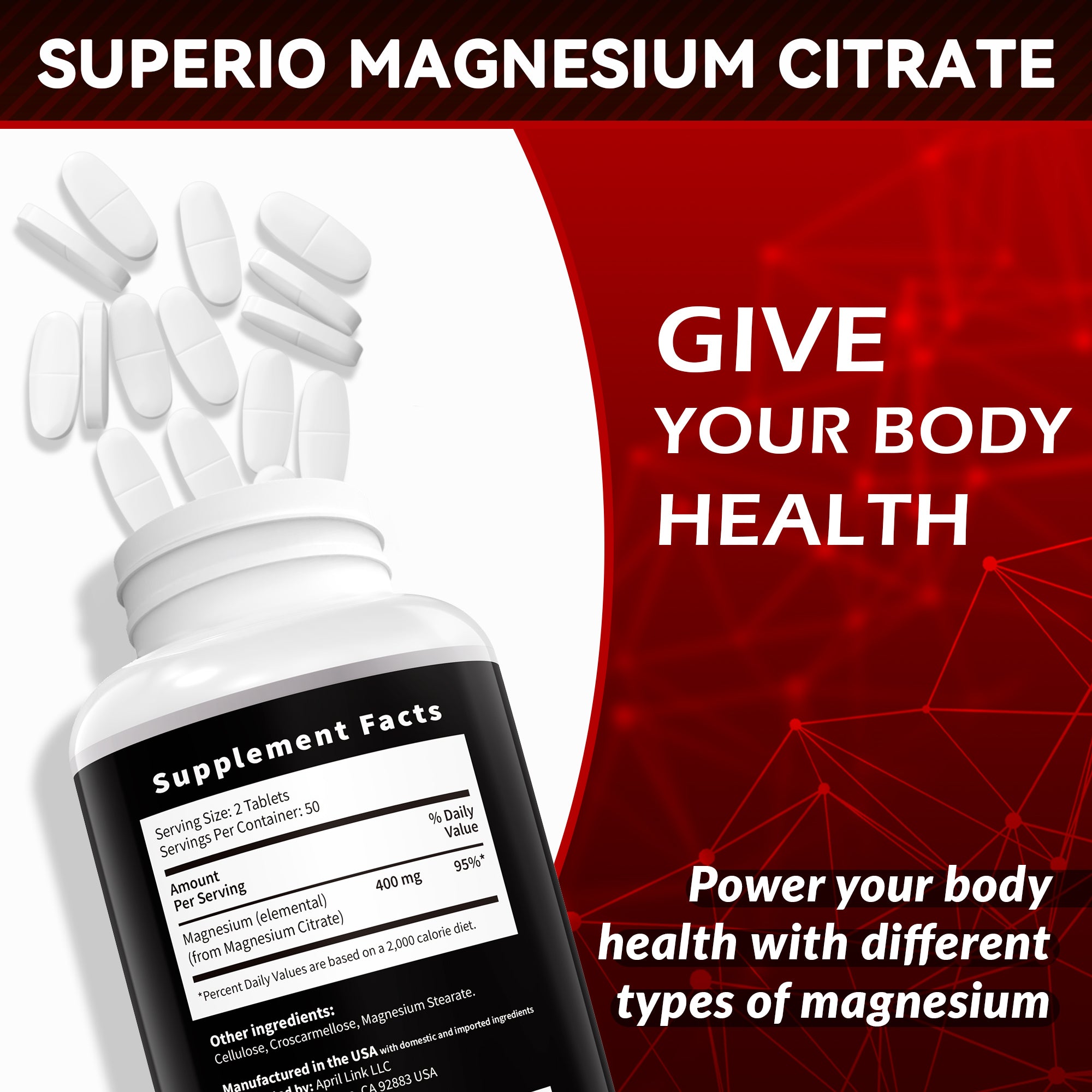 I Love Health Magnesium Citrate 400mg heart health support supplement, 100 vegetarian tablets showing the bottle and tablets.