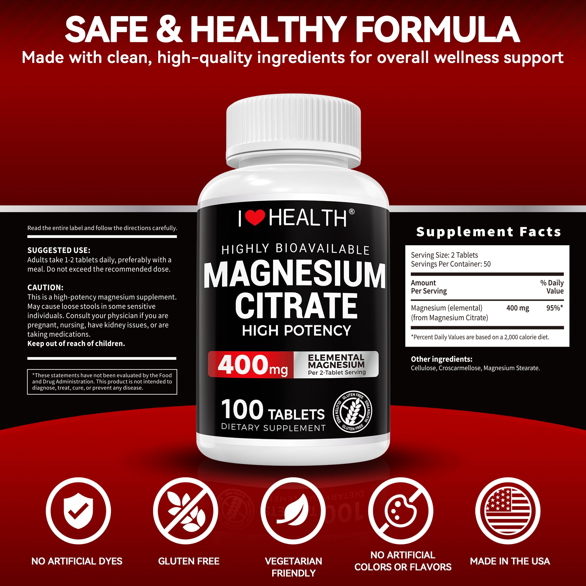 I Love Health Magnesium Citrate 400mg vegetarian tablets for heart health support, shown in a bottle with 100 tablets.