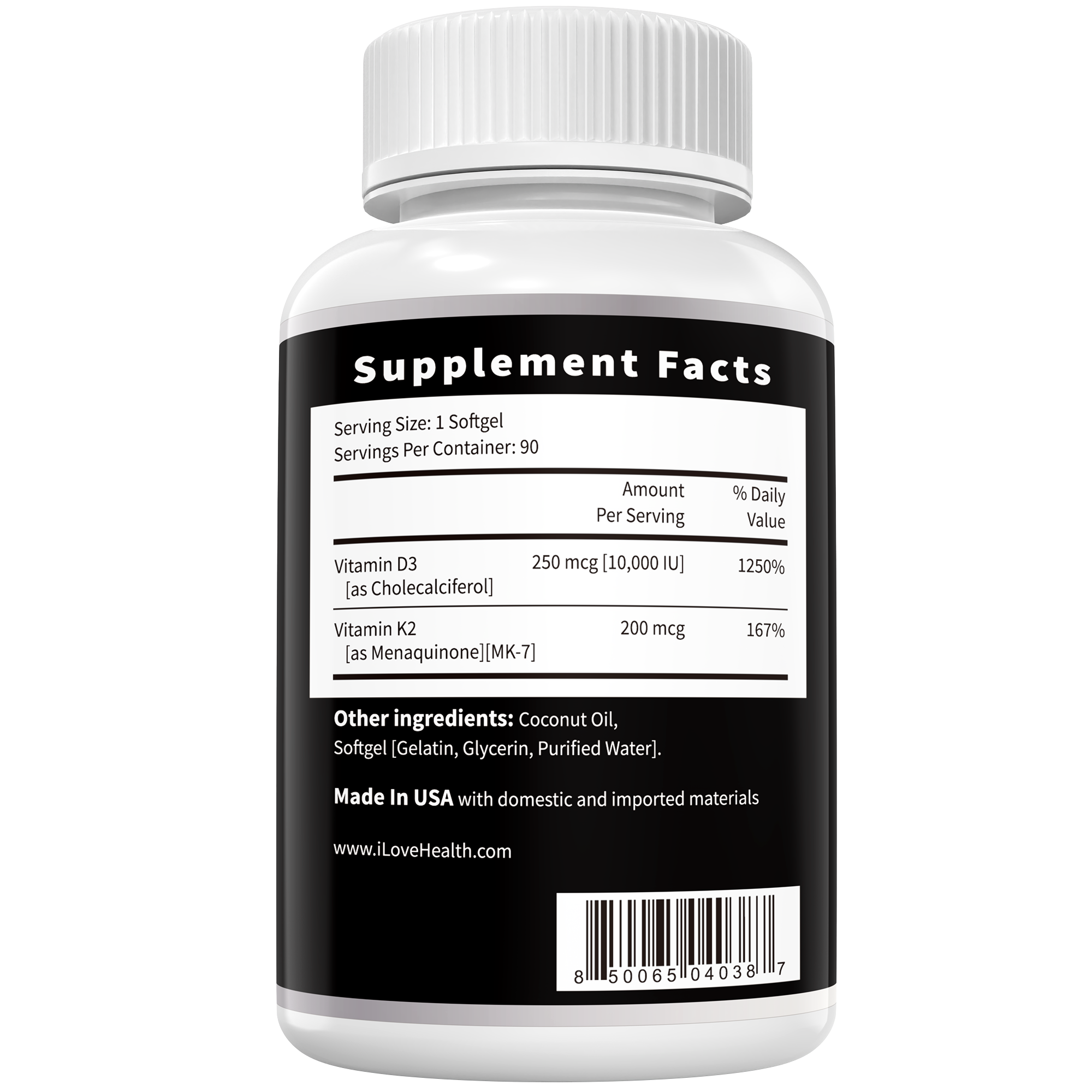 Vitamin D3 10,000 IU with K2 MK-7 softgels by I Love Health Store, bottle of 90 non-GMO, gluten-free supplement for bone and immune health.