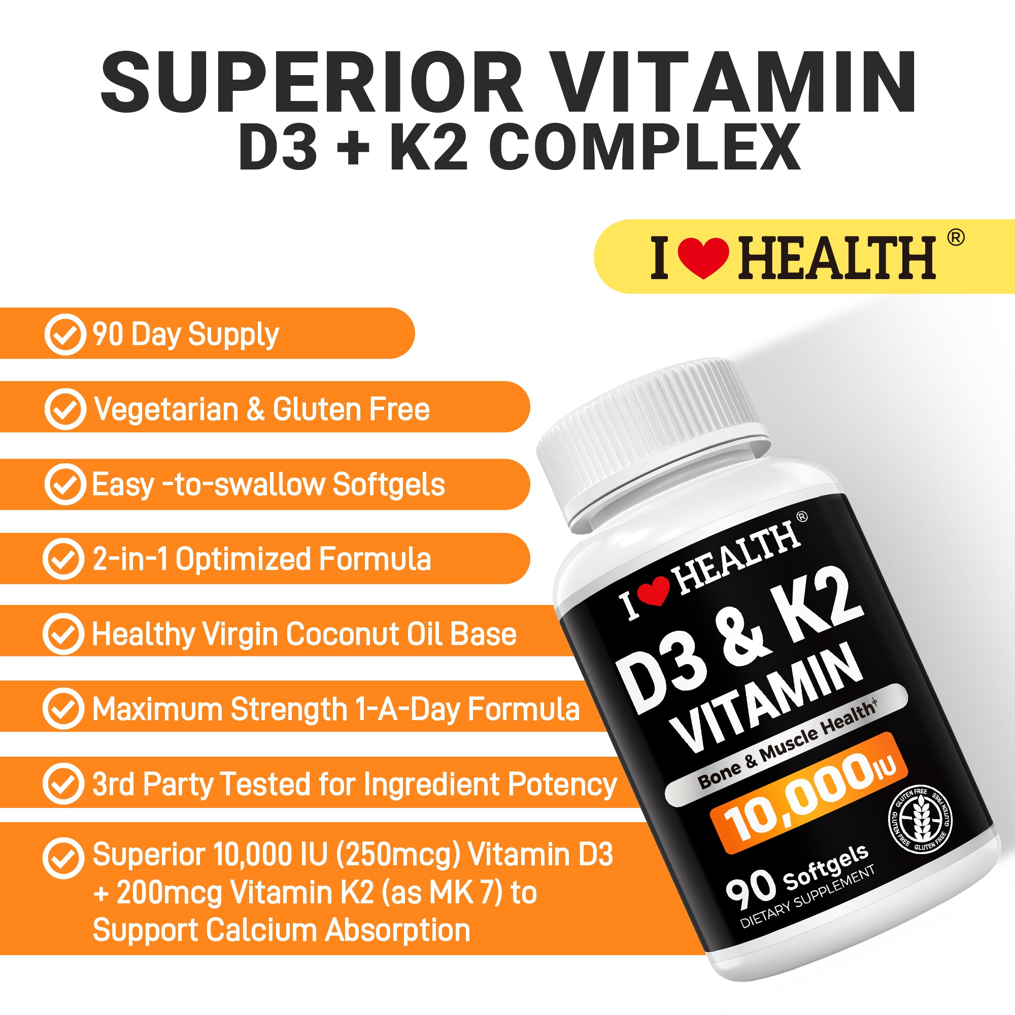Vitamin D3 10,000 IU with K2 MK-7 softgels in bottle, gluten-free, non-GMO supplement supporting bone, heart, and immune health.