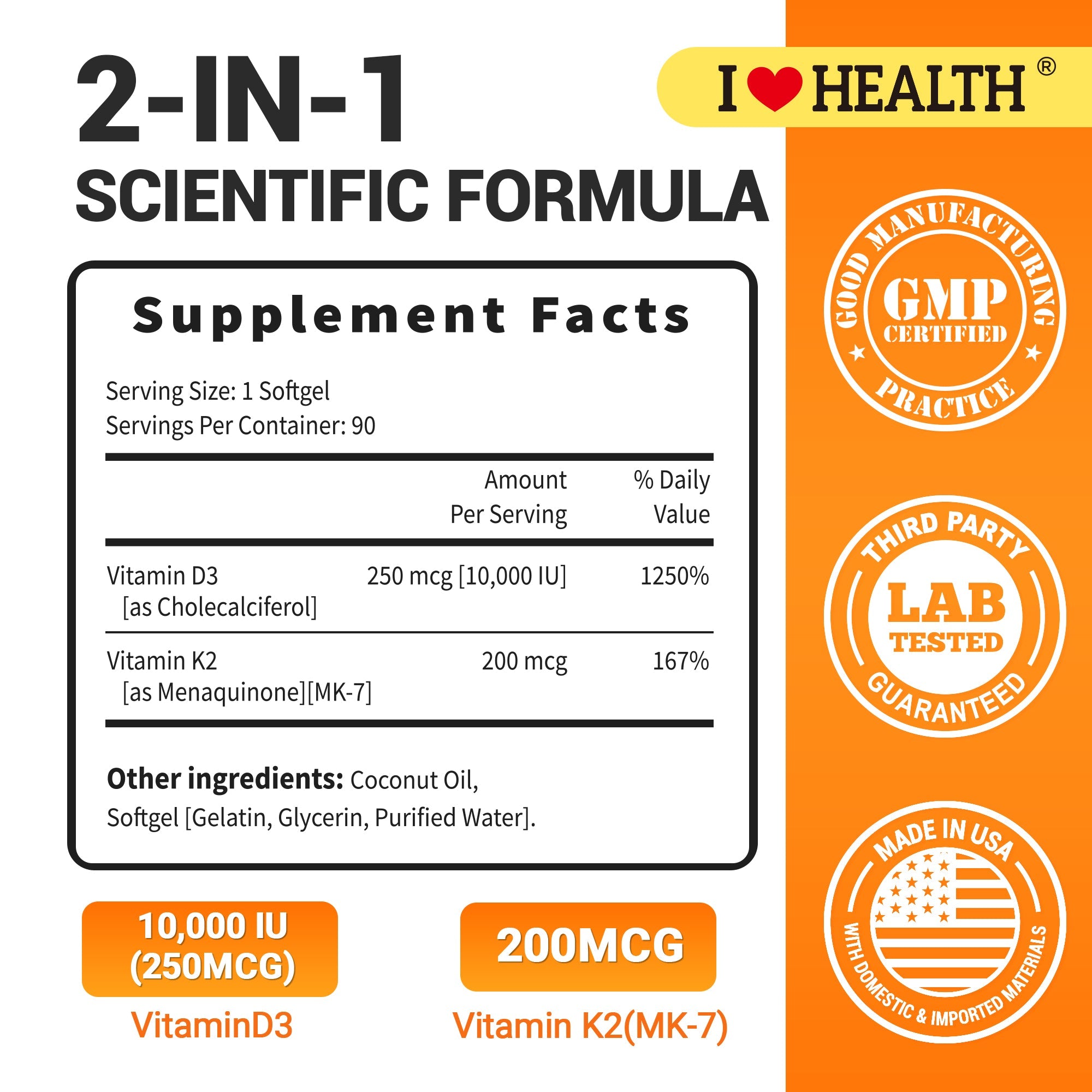 Vitamin D3 10,000 IU with K2 MK-7 softgels from I Love Health Store, supporting bone, heart, and immune health.