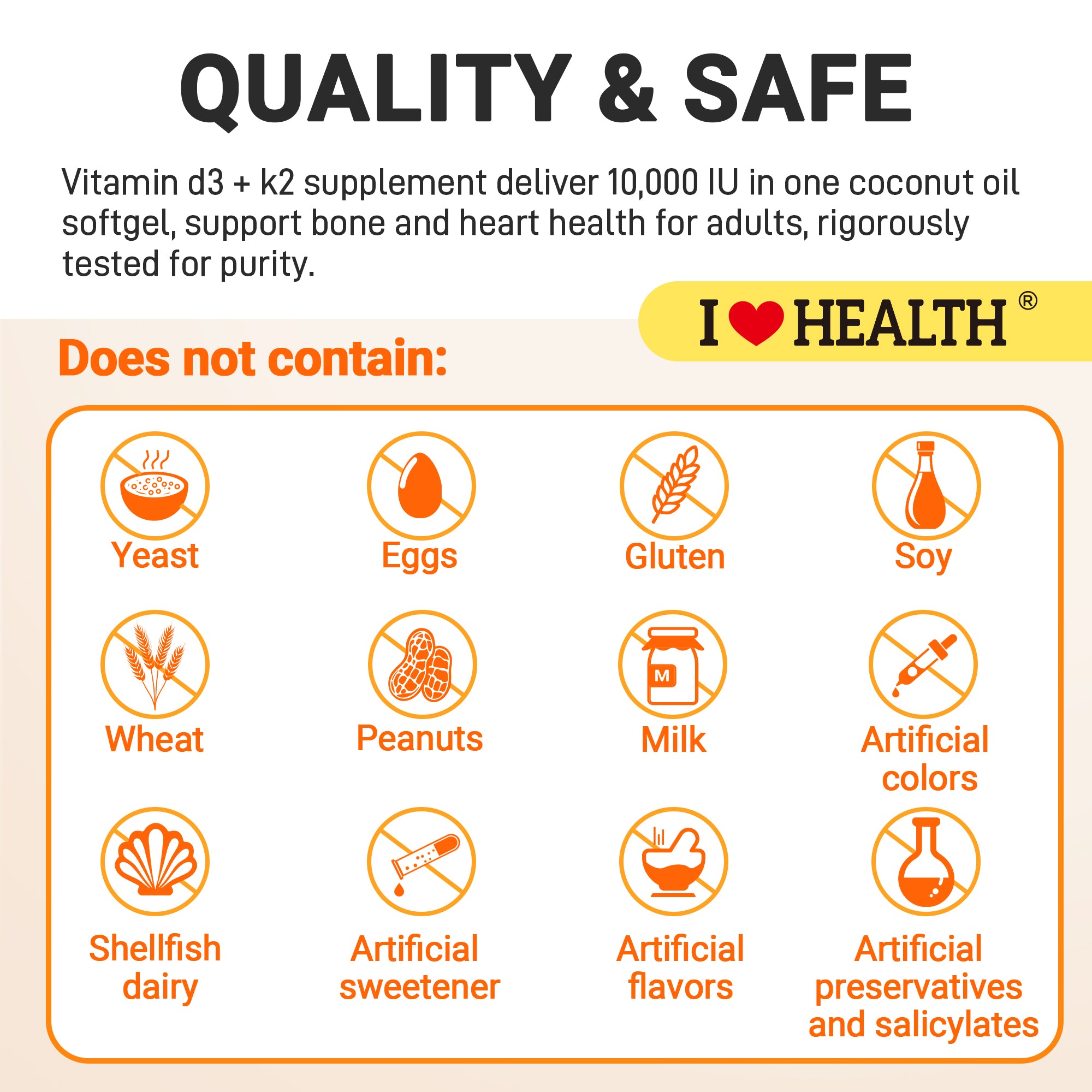 Vitamin D3 10,000 IU with K2 MK-7 softgels by I Love Health Store, showing a bottle of non-GMO, gluten-free supplement capsules.