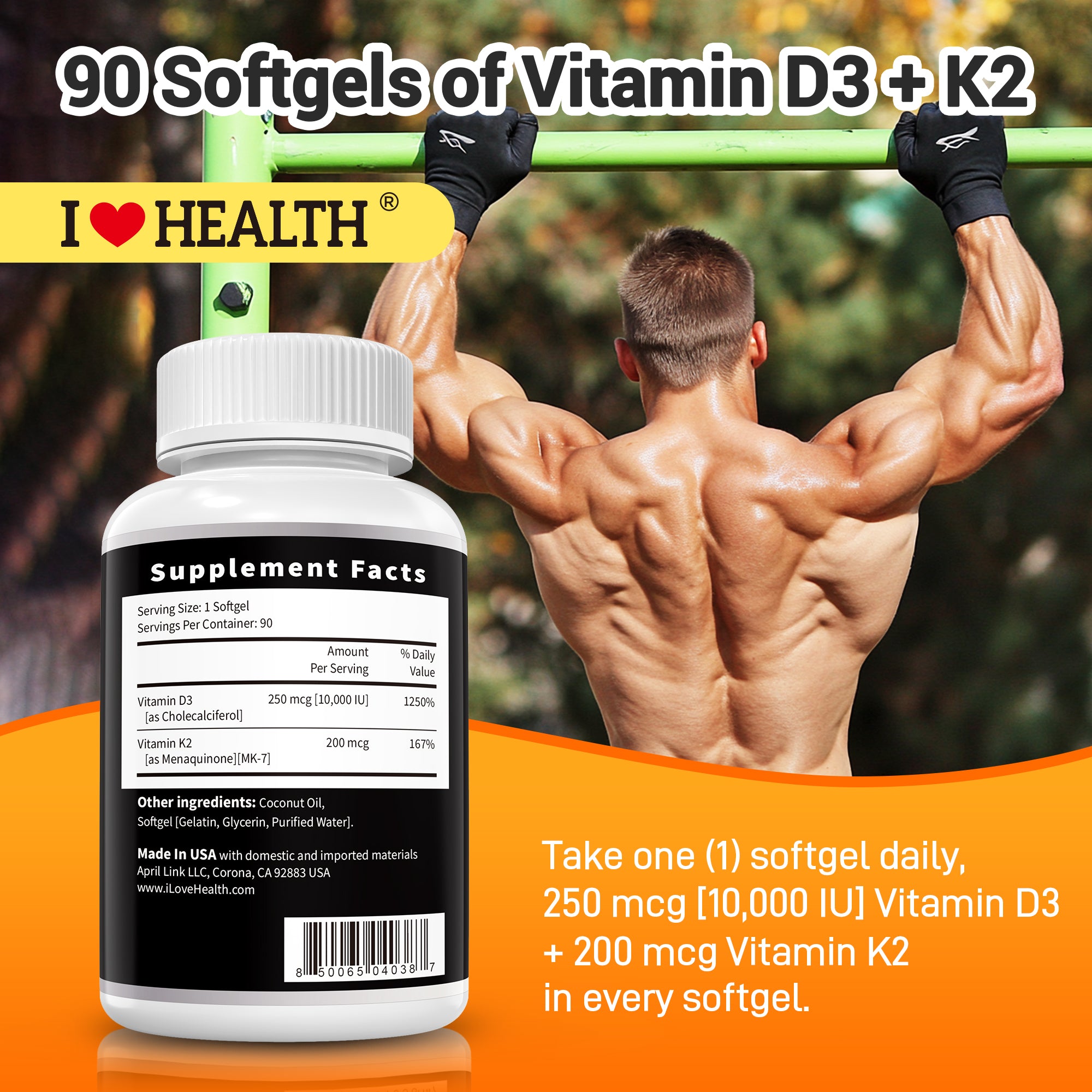 Vitamin D3 10,000 IU with K2 MK-7 softgels from I Love Health Store, supports bone, heart, and immune health, non-GMO, gluten-free