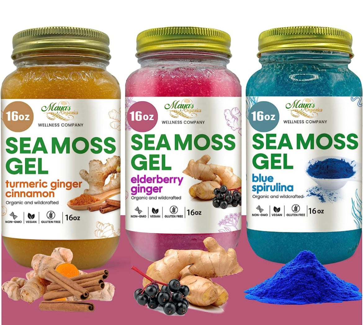 Wellness Trio Bundle – 3 Premium Sea Moss Gels | St. Lucia Gold, Elderberry Ginger & Blue Spirulina