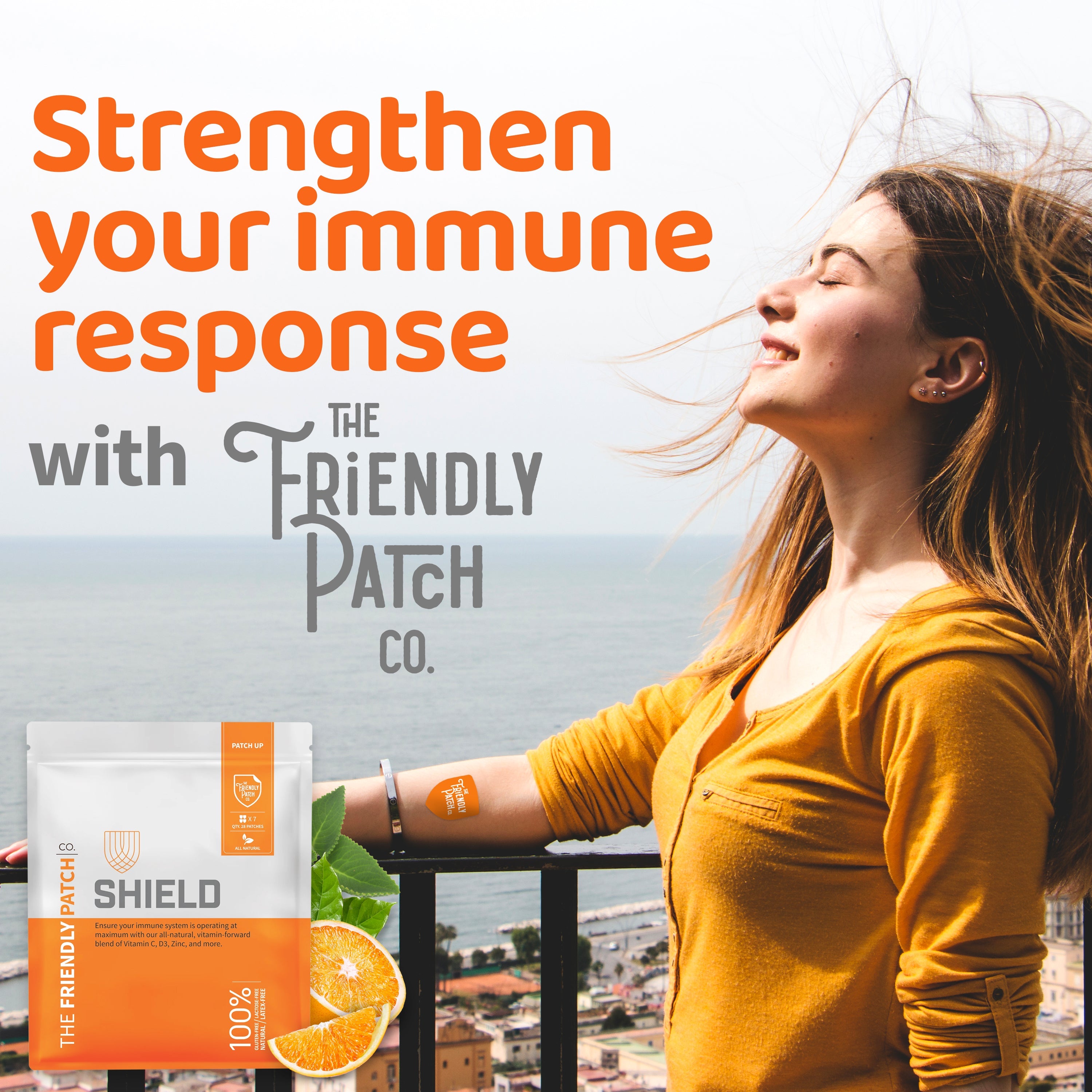 Shield Wellness Patches by Friendly Patch Co, 28-pack of immune support and wellness patches, showing individual patches on a blister pack.