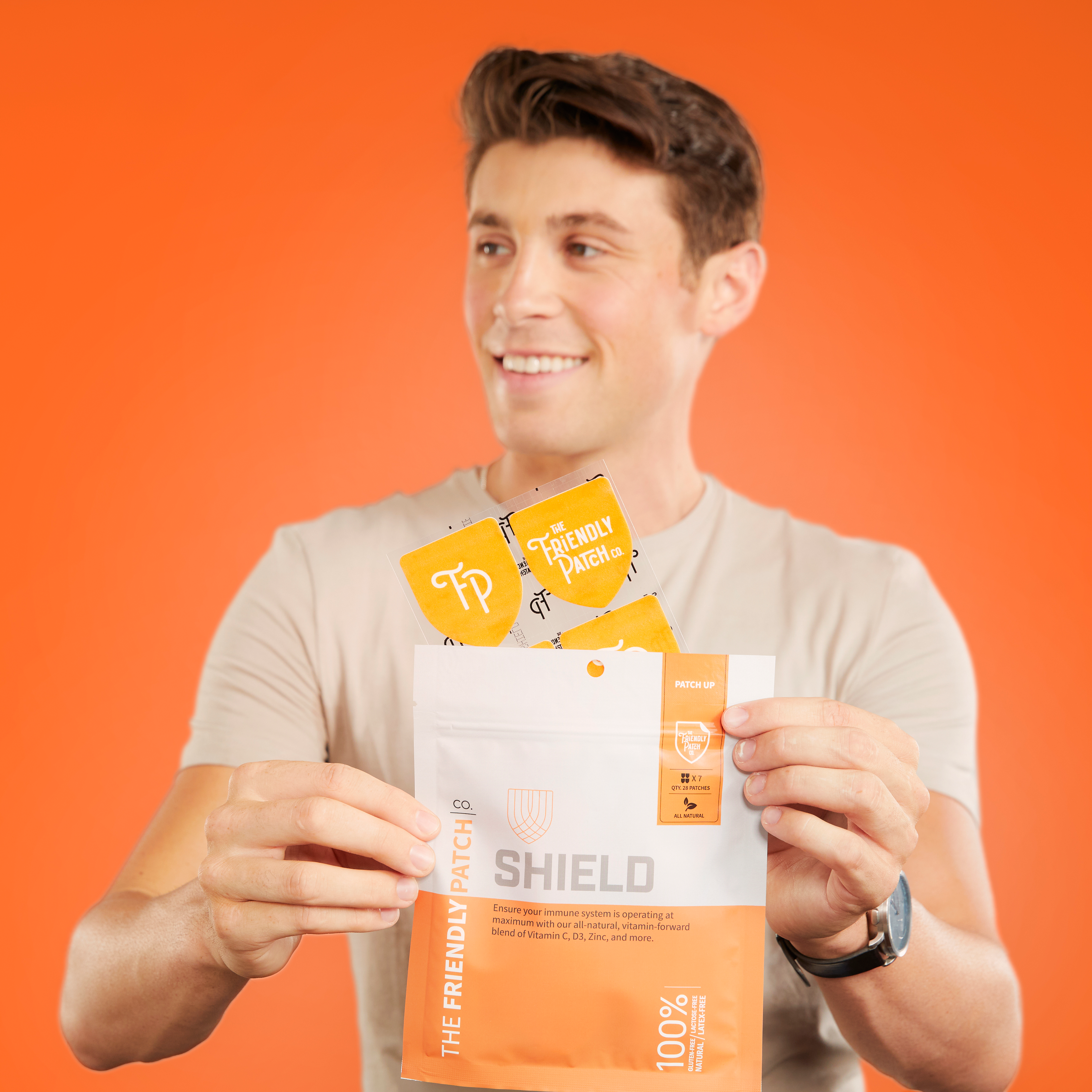 Friendly Patch Co Shield Wellness Patches for immunity and wellness, showing a 28-pack of monthly immune system support patches.