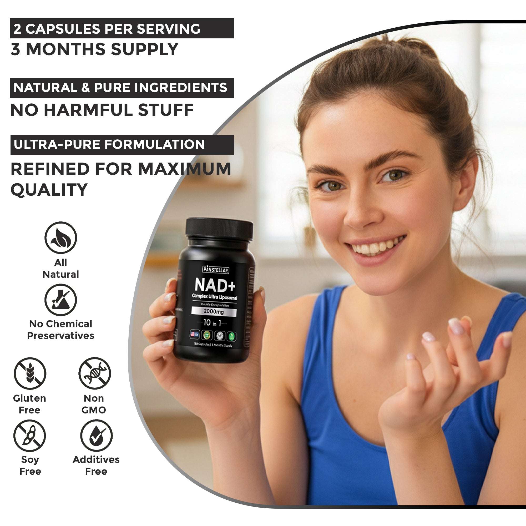 Liposomal NAD+ supplement bottle from Panstellar Essentials, showing label with 2000mg NAD+ blend and multi-ingredient formula.