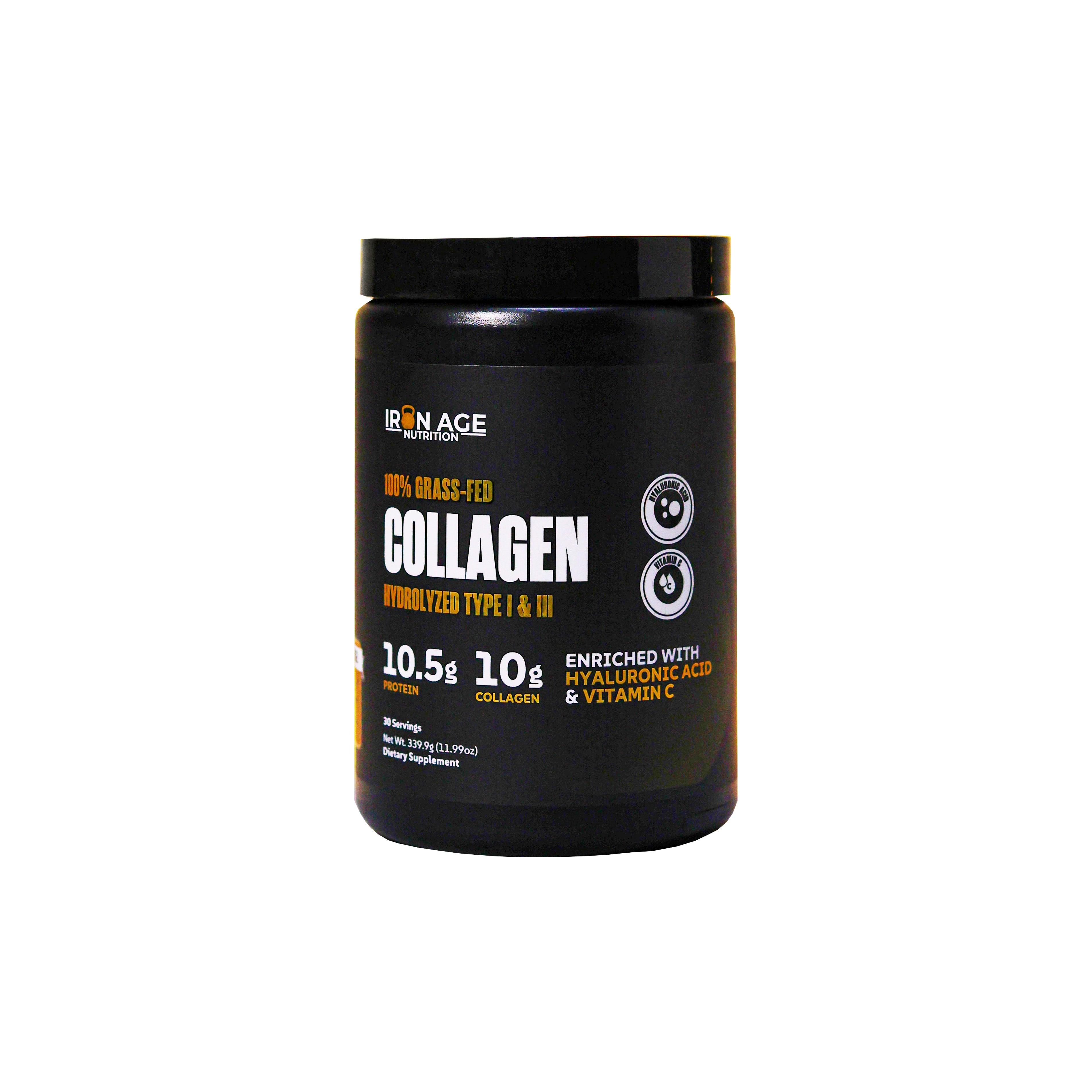 Grass-fed Collagen Powder by Iron Age Nutrition, featuring Type I & III collagen in a resealable container.