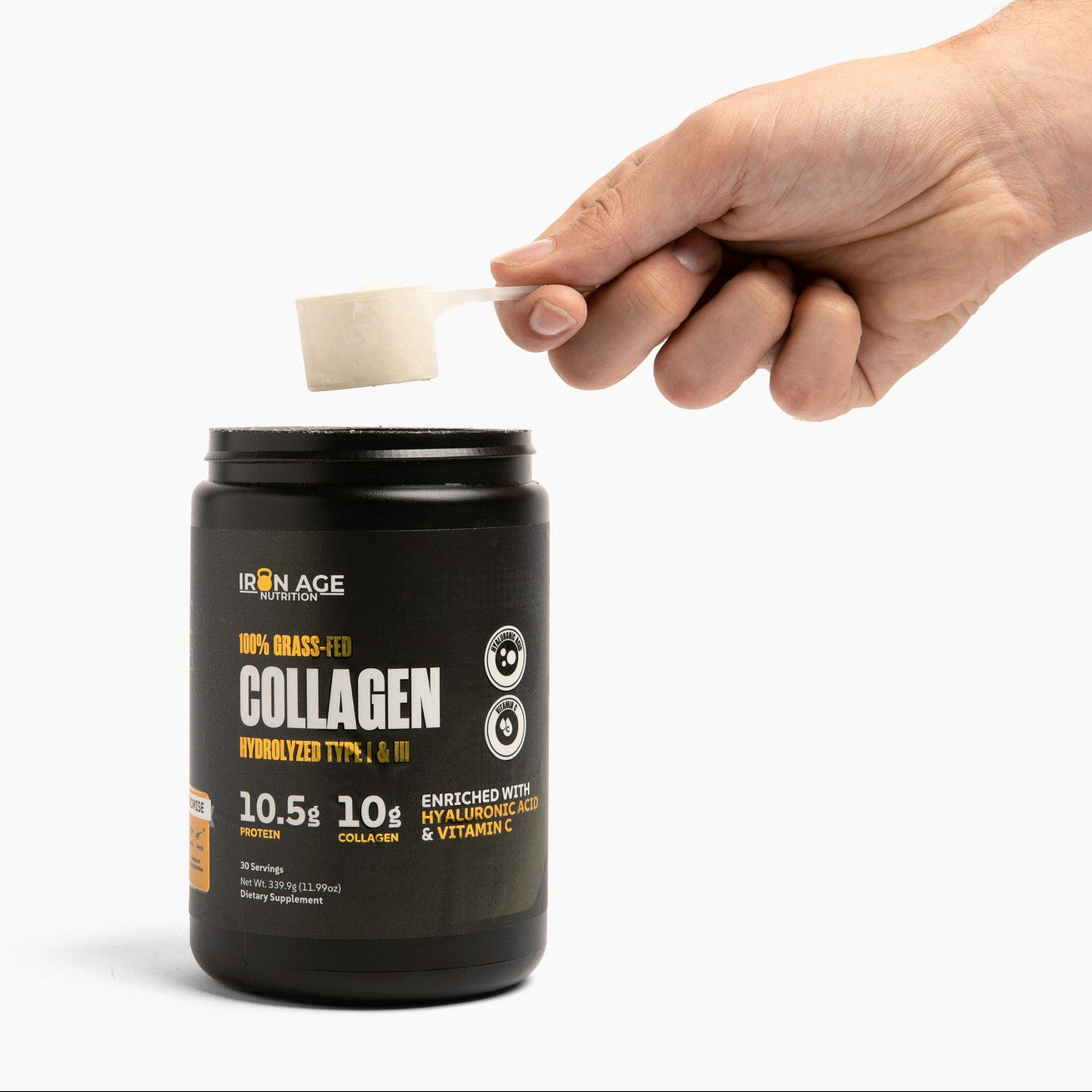 Iron Age Nutrition Collagen Powder with Type I & III, grass-fed collagen supplement in a jar, ideal for skin and joint health.