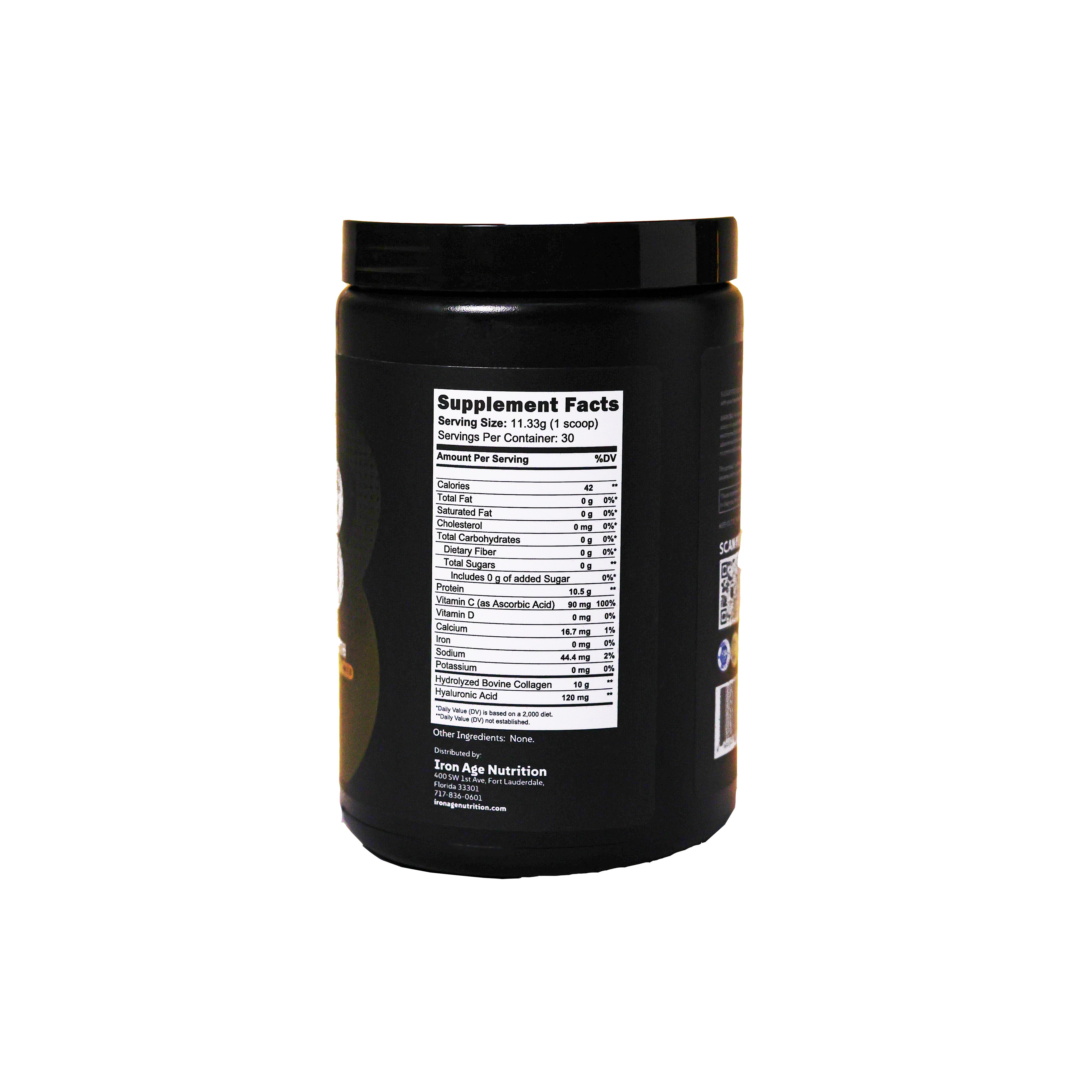 Glass jar of Iron Age Nutrition Collagen Powder with Type I & III, grass-fed collagen supplement for skin and joint health