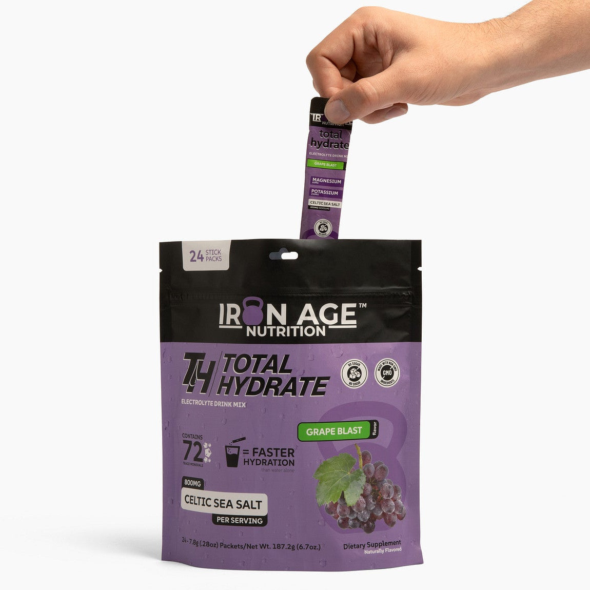 Iron Age Nutrition Total Hydrate™ Electrolyte Powder in Grape Blast flavor, showing the vibrant purple powder and packaging.