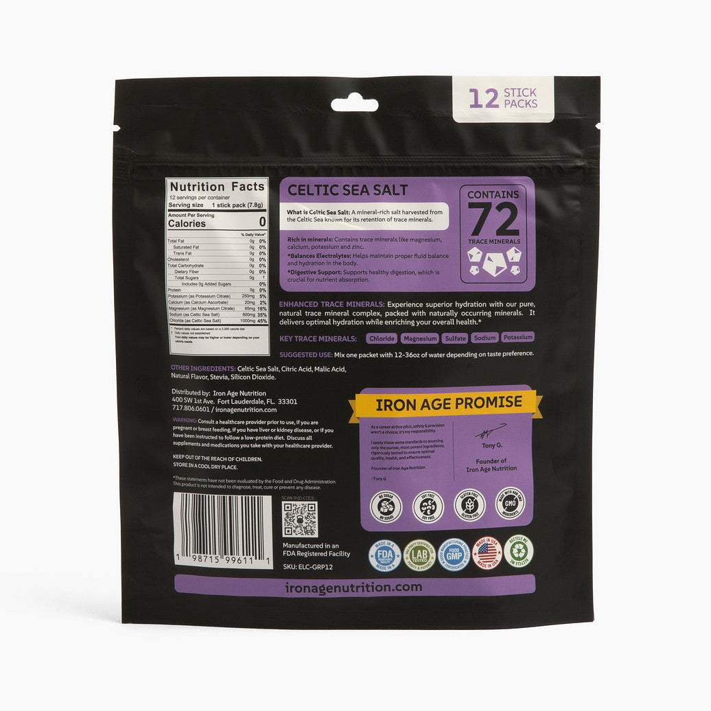 Iron Age Nutrition Total Hydrate electrolyte powder in Grape Blast flavor, showing the purple powder and packaging.
