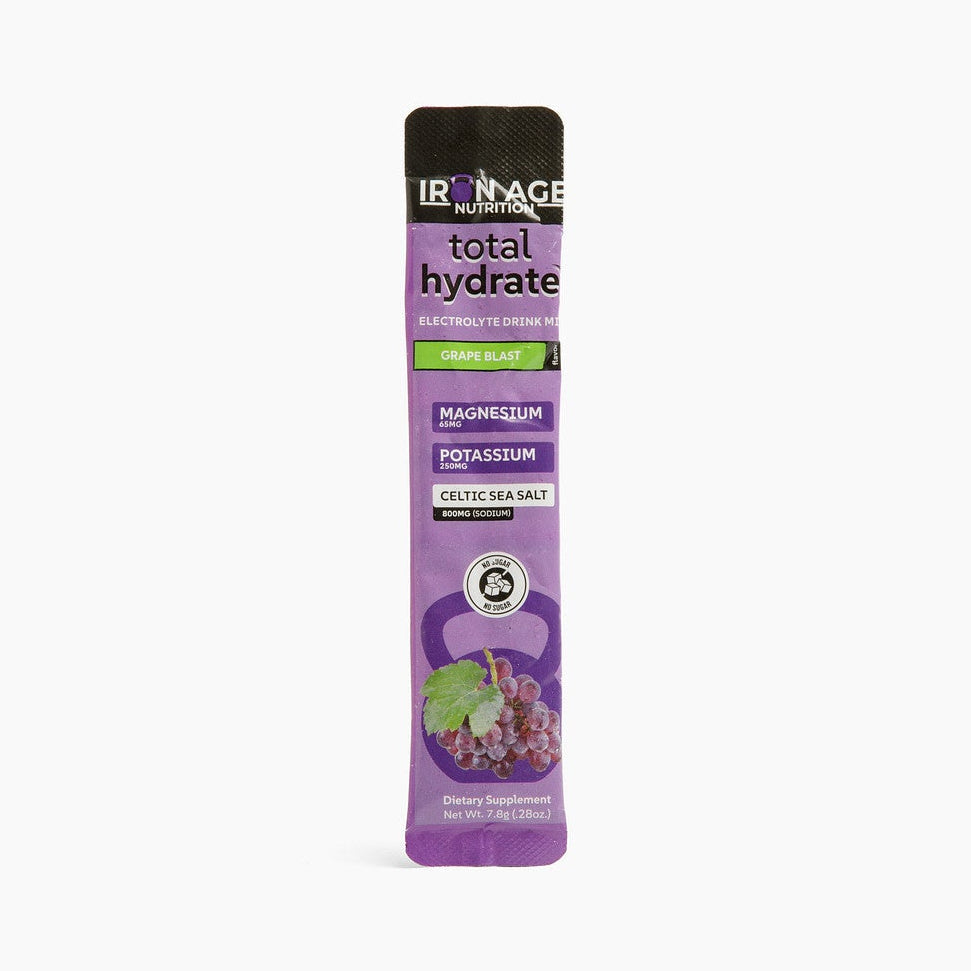 Iron Age Nutrition Total Hydrate electrolyte powder in Grape Blast flavor, showing the colorful powder and packaging.