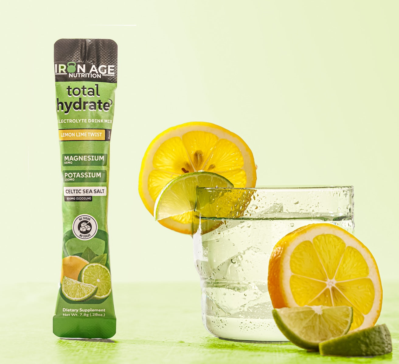 Iron Age Nutrition Total Hydrate™ Electrolyte Powder in Lemon Lime Twist, showing the refreshing electrolyte powder package.