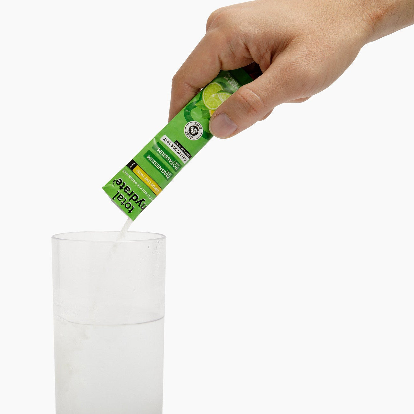 Total Hydrate™ electrolyte powder by Iron Age Nutrition with lemon lime twist flavor, displayed in a clear scoop and container.