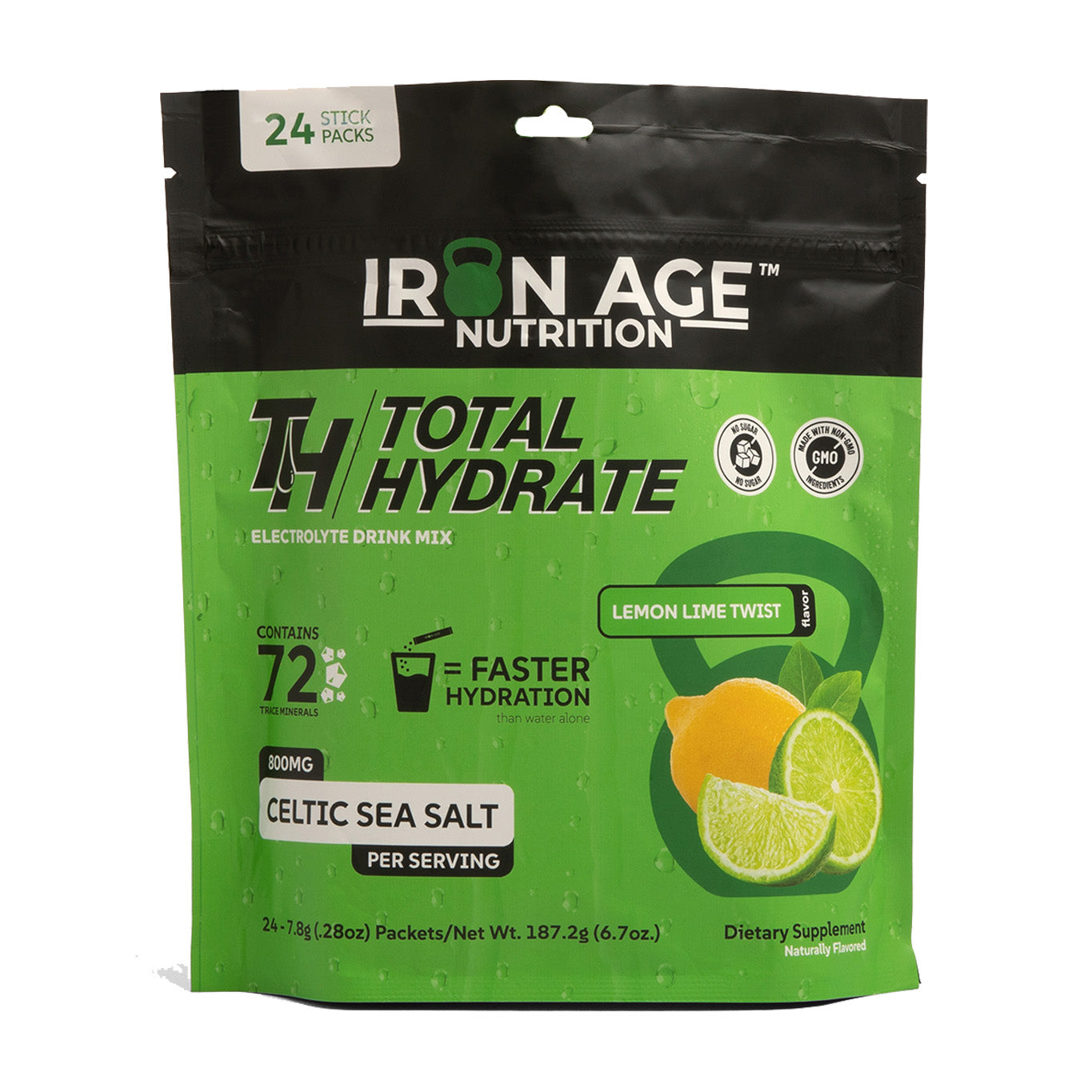 Iron Age Nutrition Total Hydrate electrolyte powder in Lemon Lime Twist, showing the colorful packaging and powder scoop.