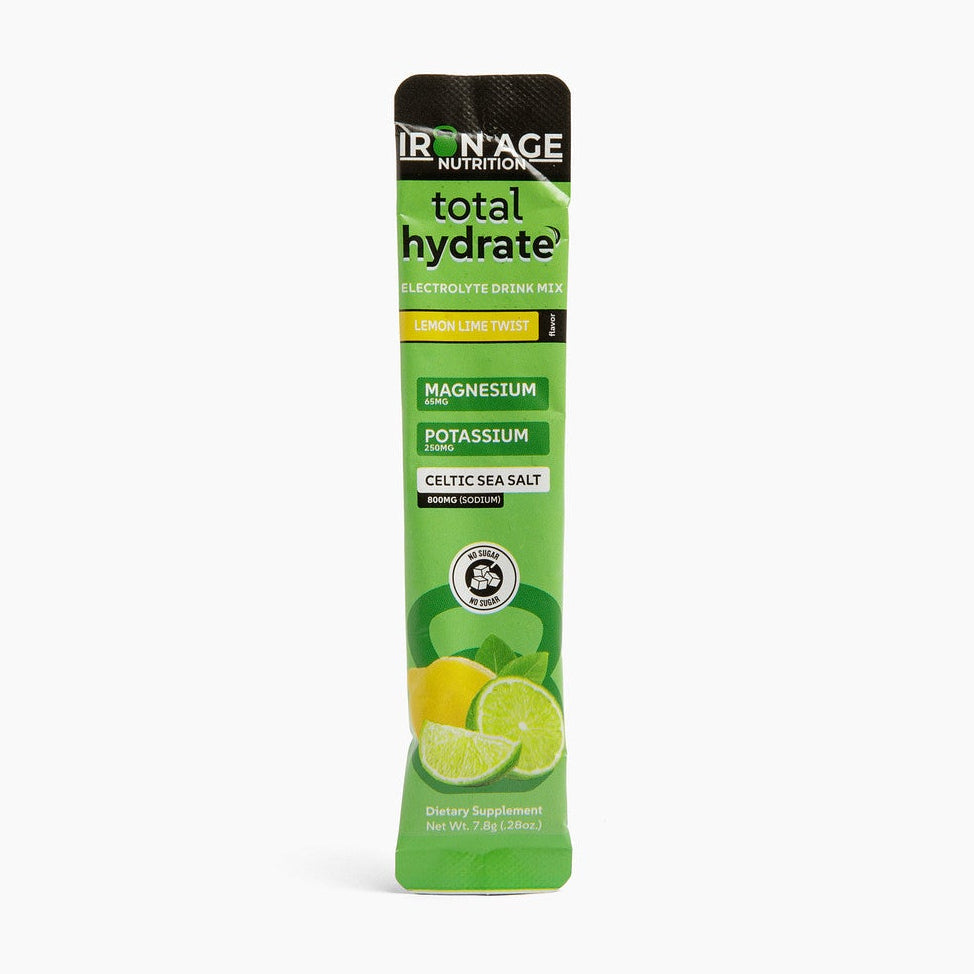 Iron Age Nutrition Total Hydrate electrolyte powder in Lemon Lime Twist, showing the colorful powder and packaging.