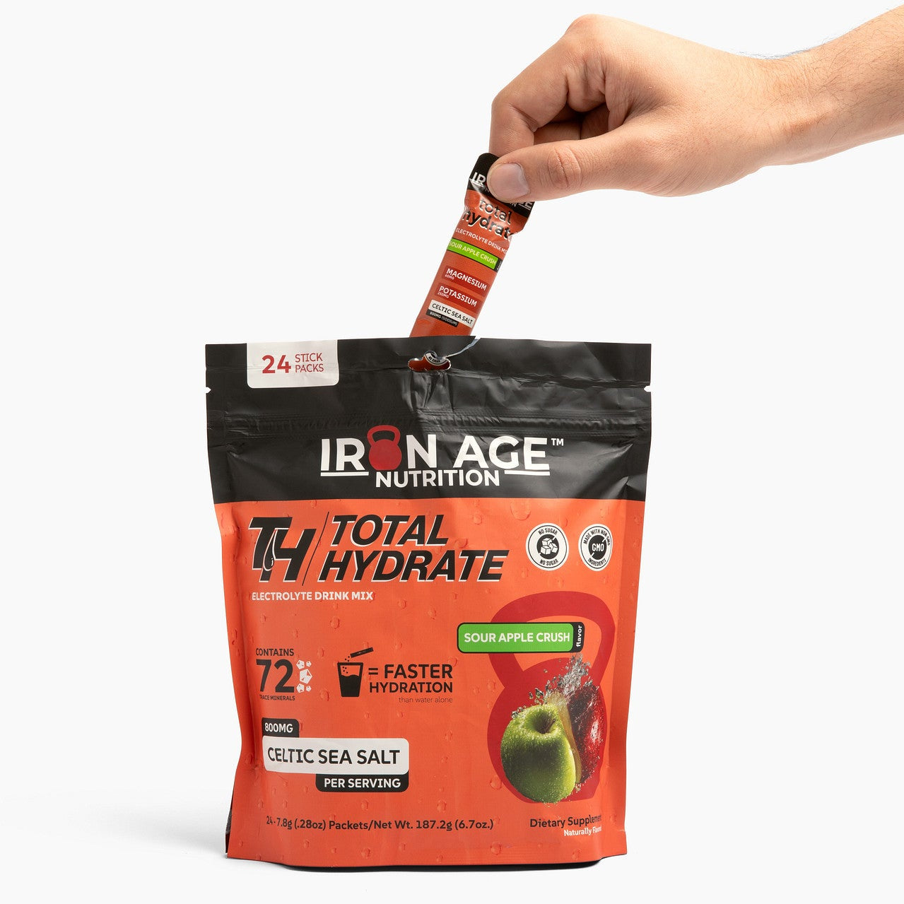 Iron Age Nutrition Total Hydrate™ Electrolyte Powder in Sour Apple Crush flavor, showing the colorful powder and packaging.