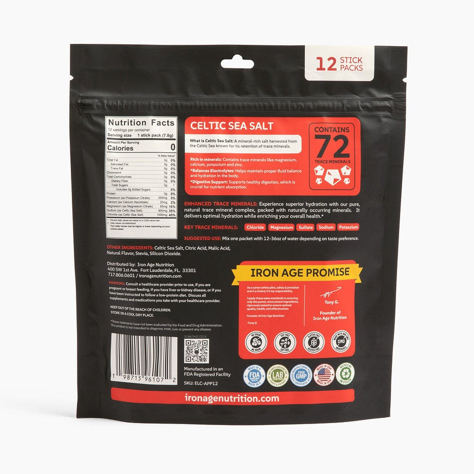 Iron Age Nutrition Total Hydrate Sour Apple Crush electrolyte powder in a container with a scoop and label visible.